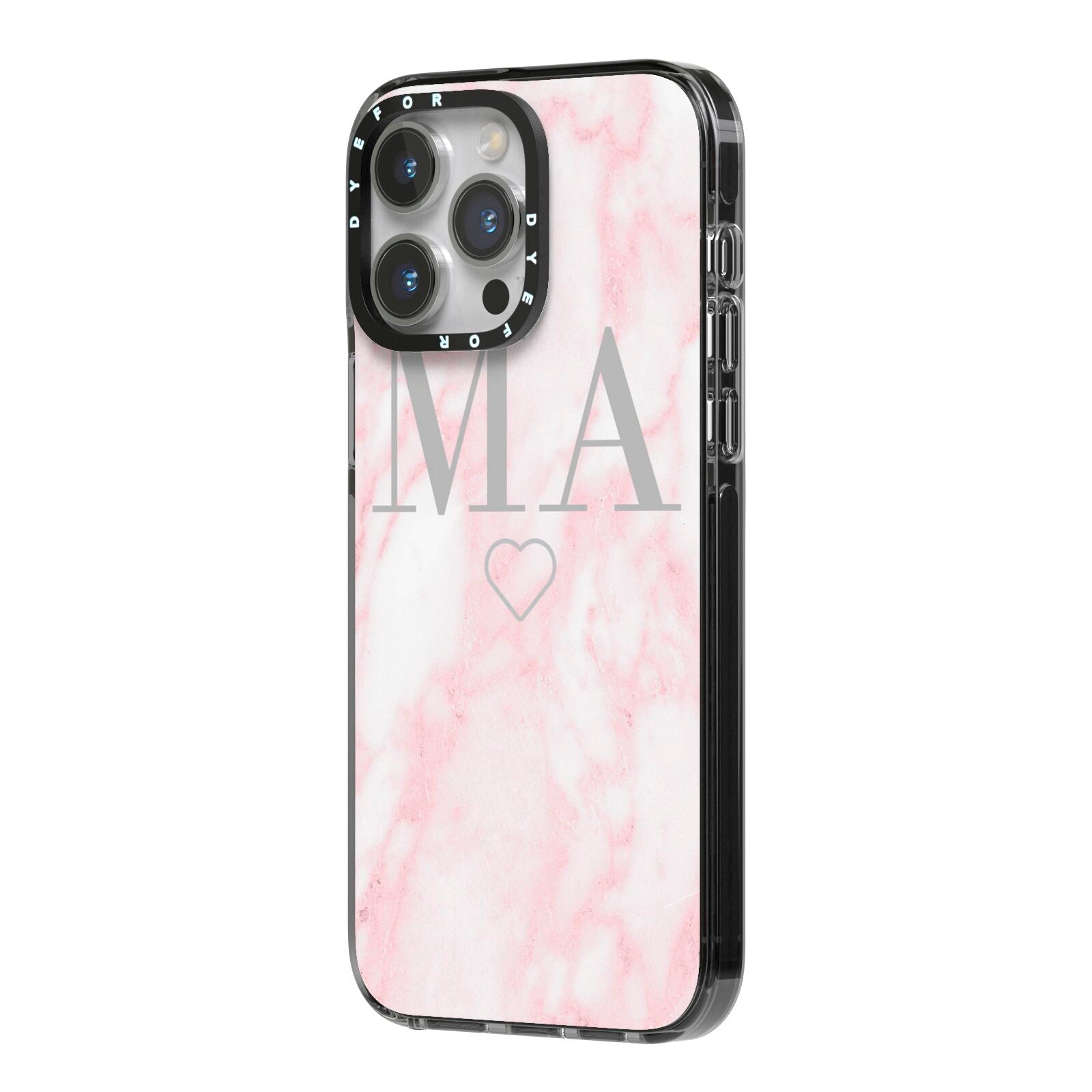 Personalised Blush Marble Initials iPhone 14 Pro Max Black Impact Case Side Angle on Silver phone