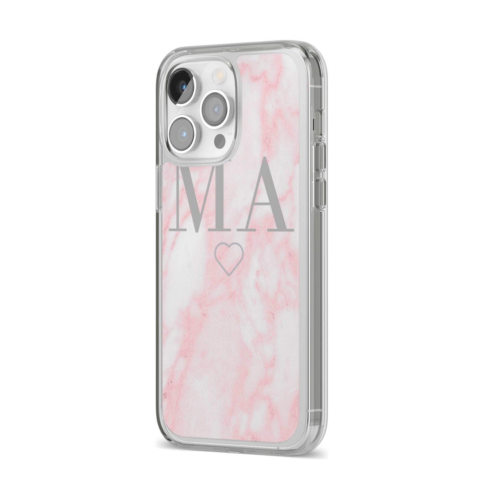 Personalised Blush Marble Initials iPhone 14 Pro Max Clear Tough Case Silver Angled Image