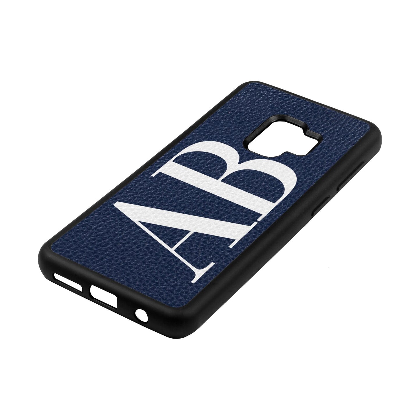 Personalised Bold Font Navy Blue Pebble Leather Samsung S9 Case Side Angle