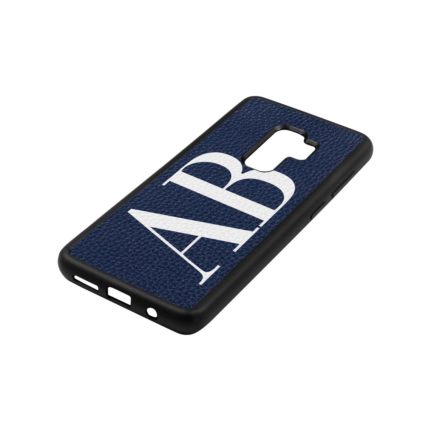Personalised Bold Font Navy Blue Pebble Leather Samsung S9 Plus Case Side Angle