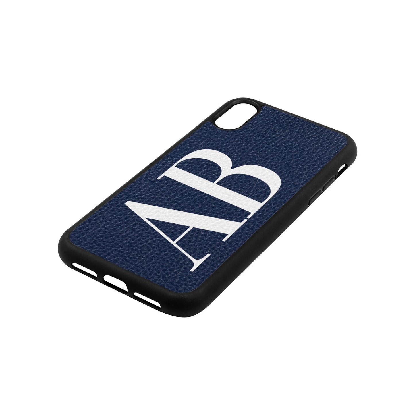 Personalised Bold Font Navy Blue Pebble Leather iPhone Xr Case Side Angle