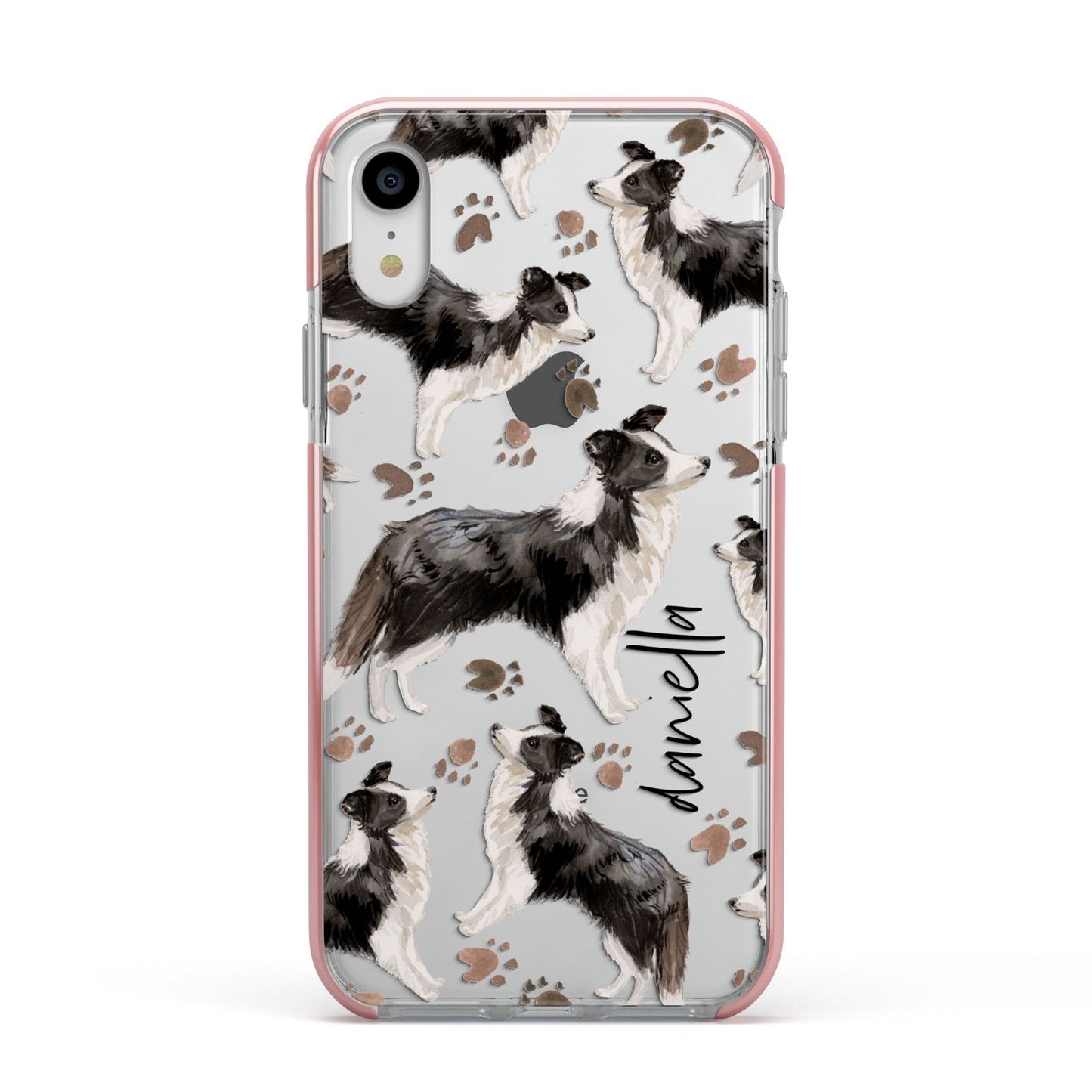 Personalised Border Collie Dog Apple iPhone XR Impact Case Pink Edge on Silver Phone