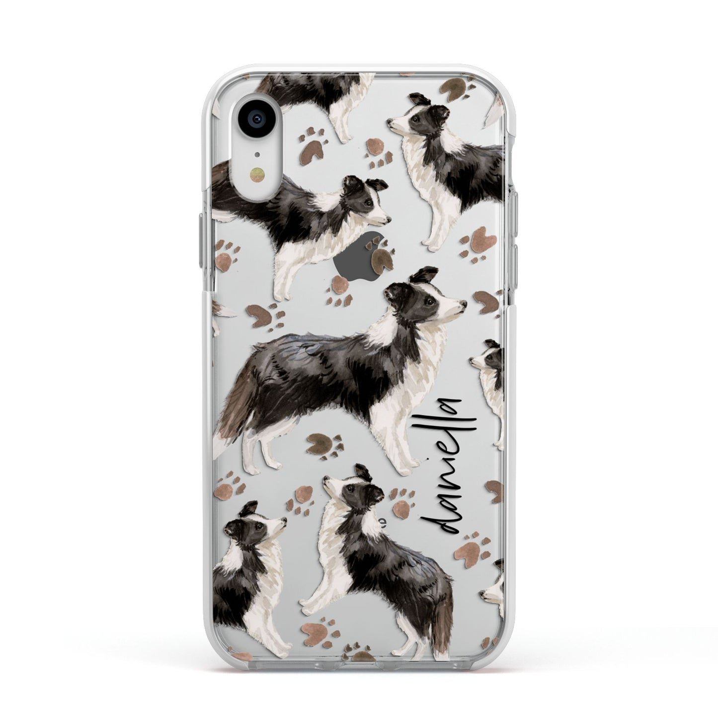 Personalised Border Collie Dog Apple iPhone XR Impact Case White Edge on Silver Phone