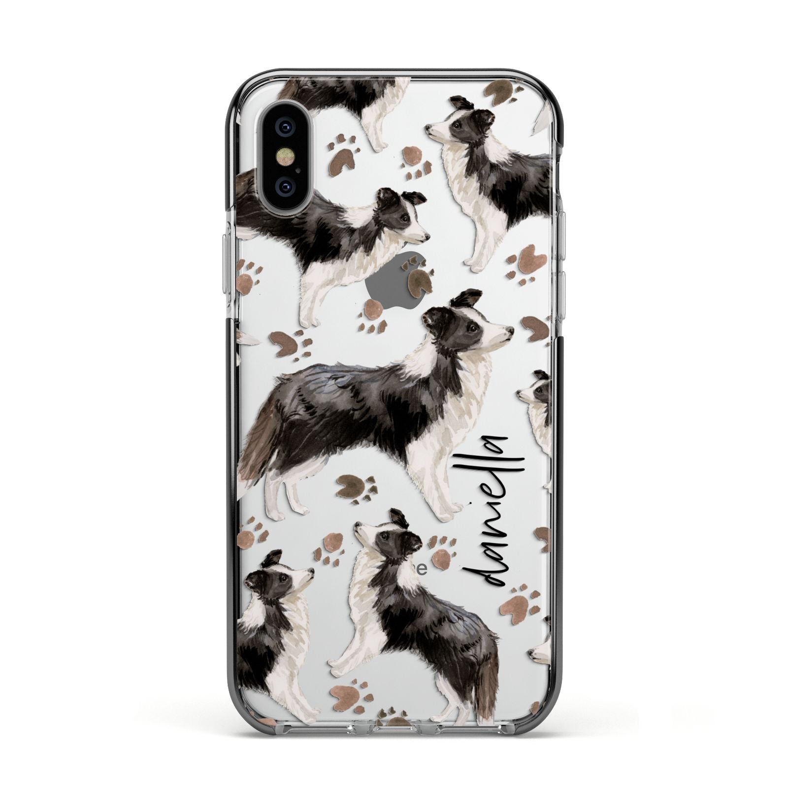 Personalised Border Collie Dog Apple iPhone Xs Impact Case Black Edge on Silver Phone