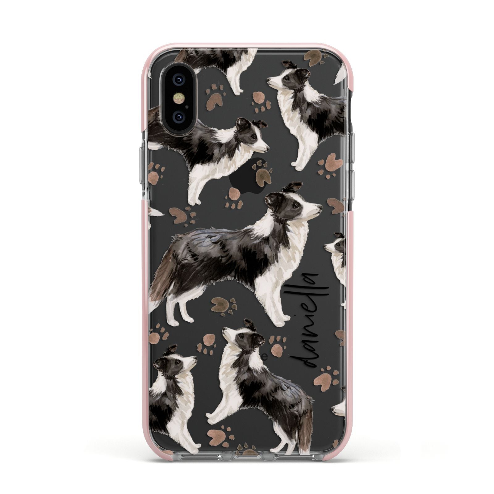 Personalised Border Collie Dog Apple iPhone Xs Impact Case Pink Edge on Black Phone