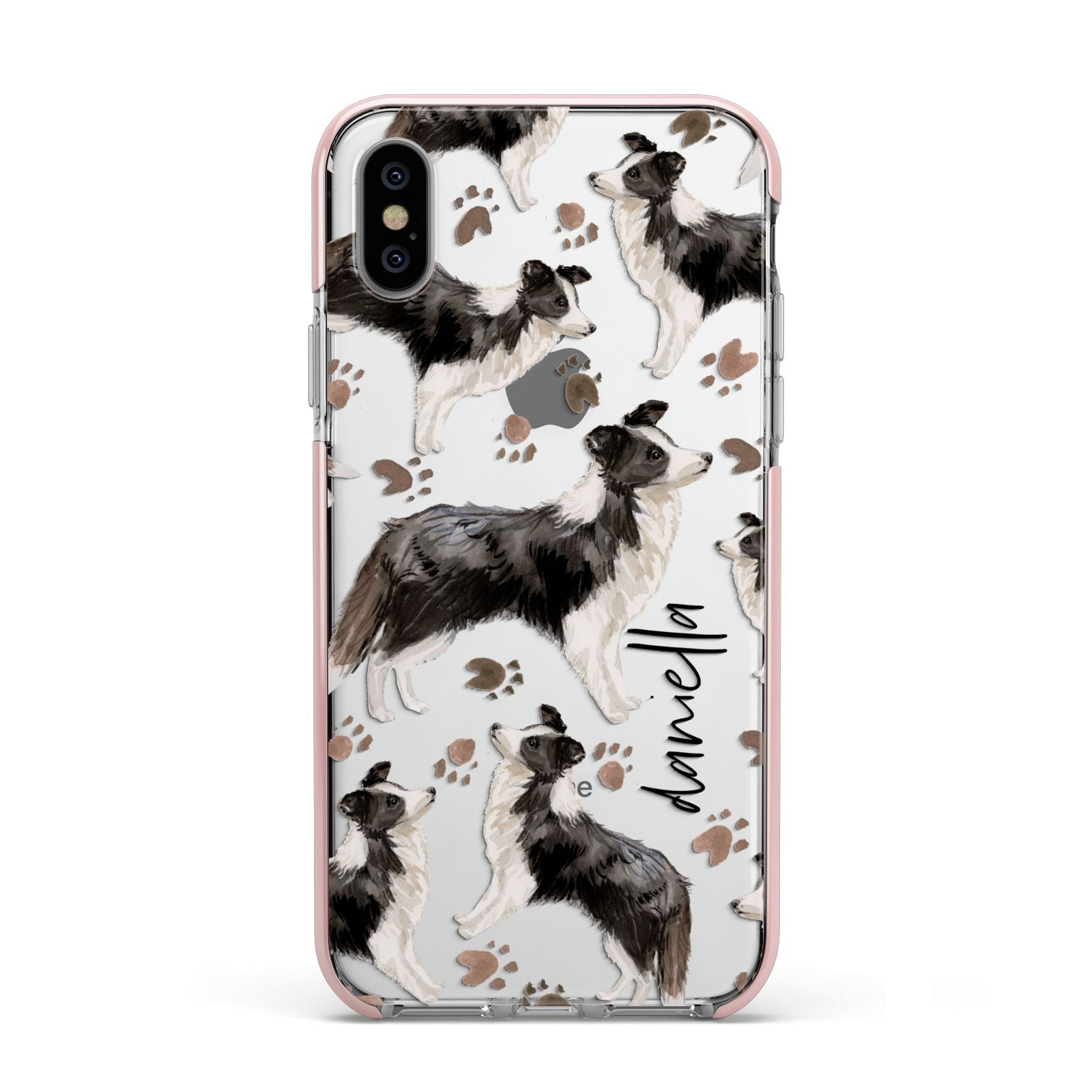 Personalised Border Collie Dog Apple iPhone Xs Impact Case Pink Edge on Silver Phone