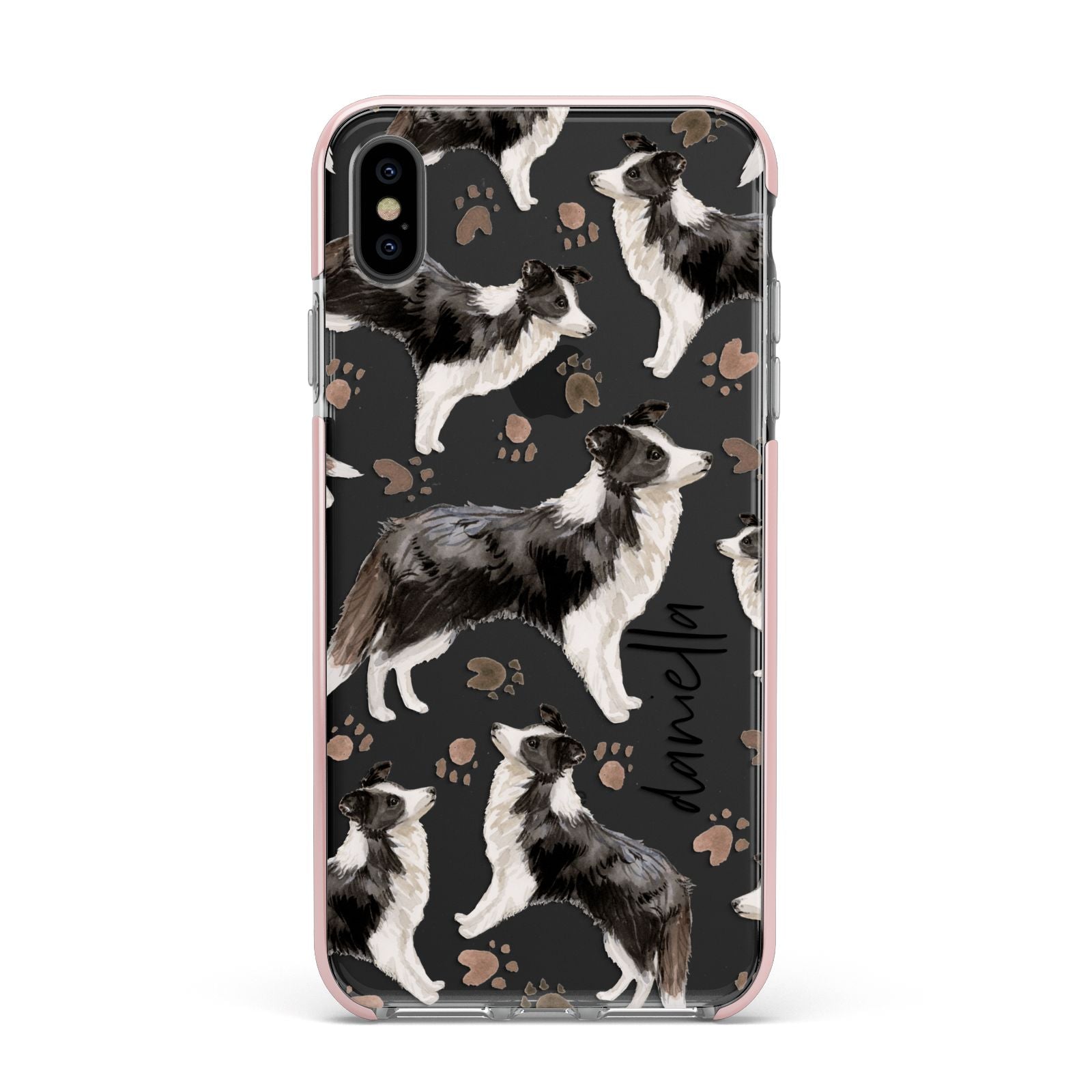 Personalised Border Collie Dog Apple iPhone Xs Max Impact Case Pink Edge on Black Phone