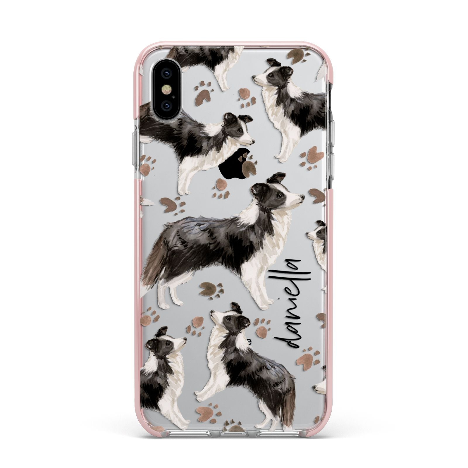 Personalised Border Collie Dog Apple iPhone Xs Max Impact Case Pink Edge on Silver Phone