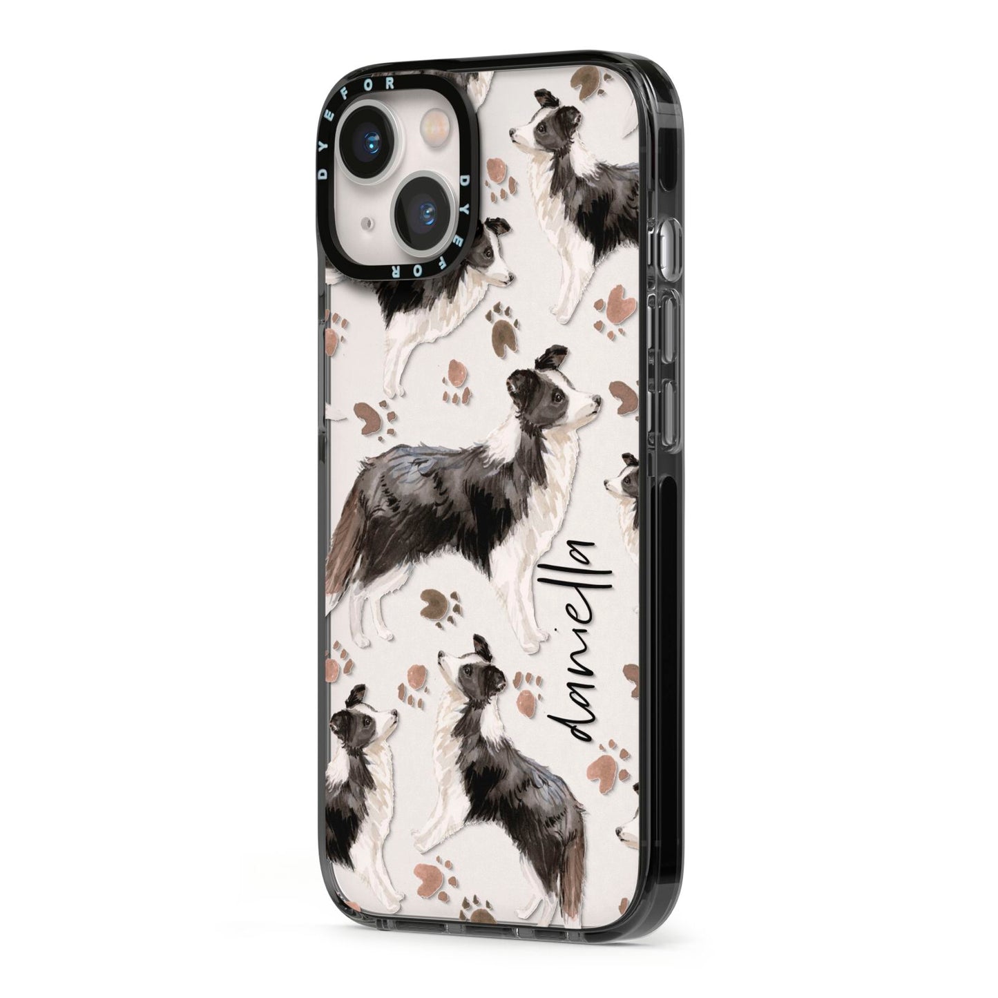 Personalised Border Collie Dog iPhone 13 Black Impact Case Side Angle on Silver phone
