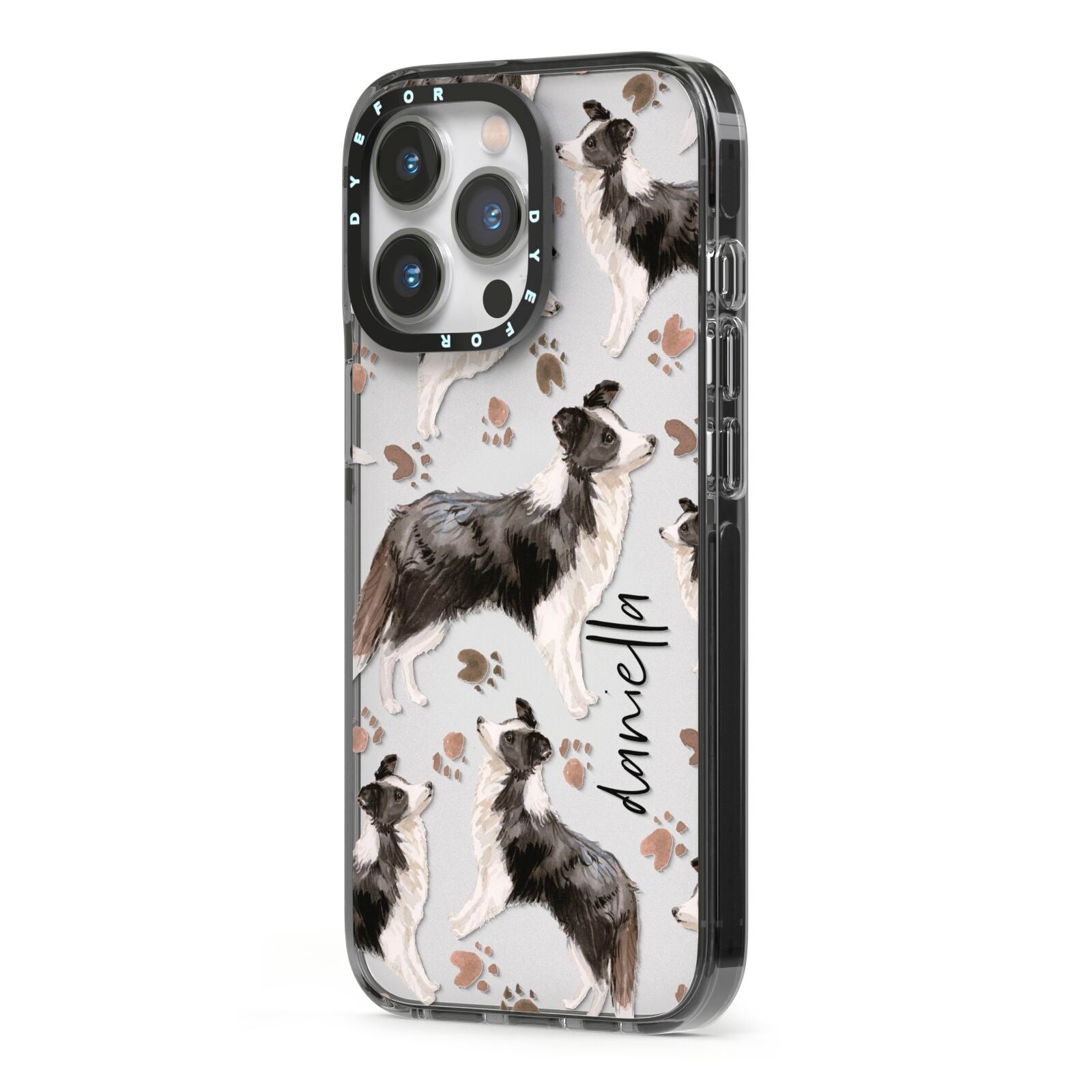 Personalised Border Collie Dog iPhone 13 Pro Black Impact Case Side Angle on Silver phone