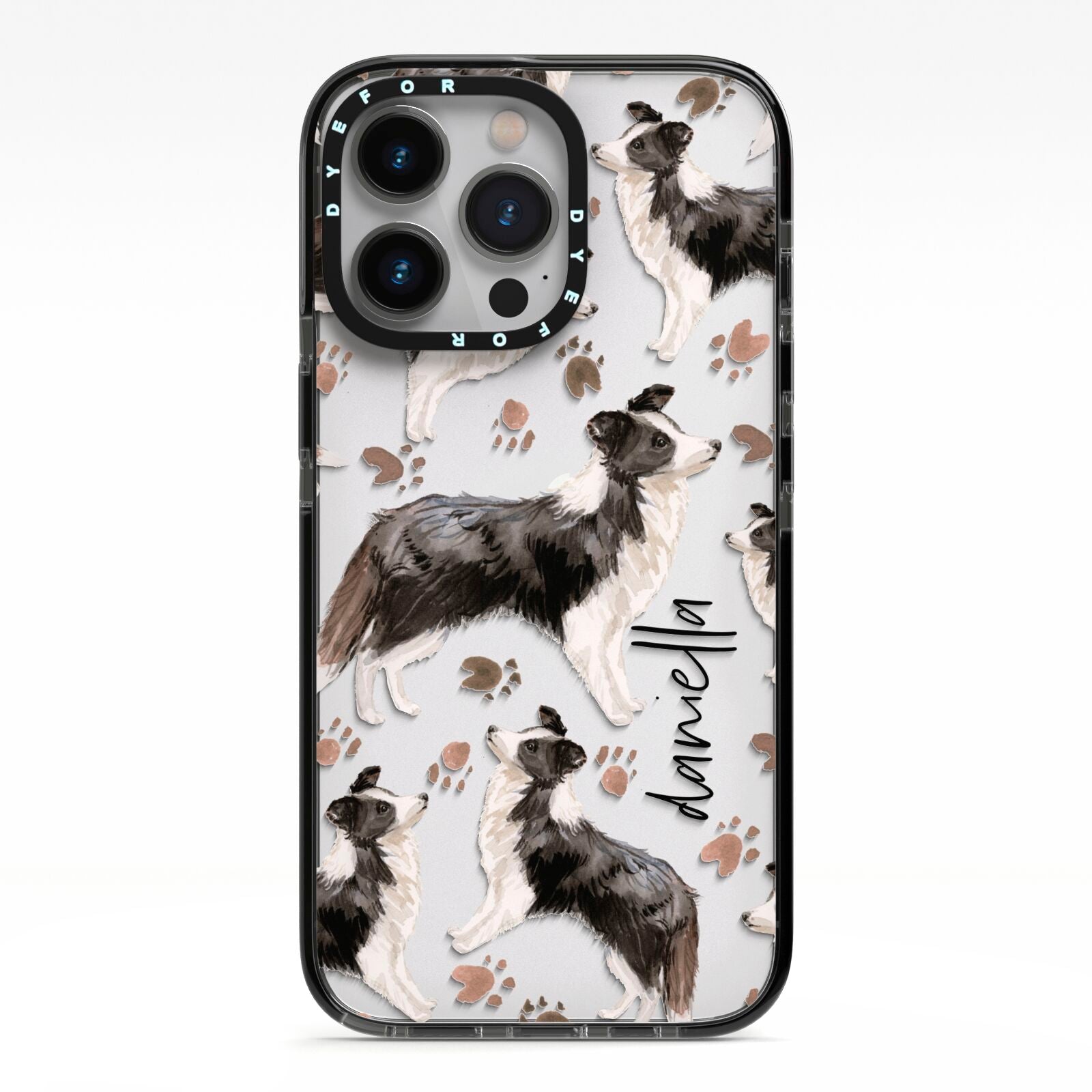 Personalised Border Collie Dog iPhone 13 Pro Black Impact Case on Silver phone