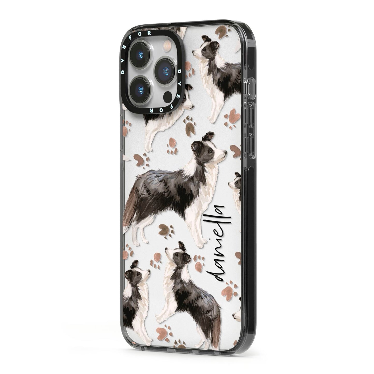 Personalised Border Collie Dog iPhone 13 Pro Max Black Impact Case Side Angle on Silver phone
