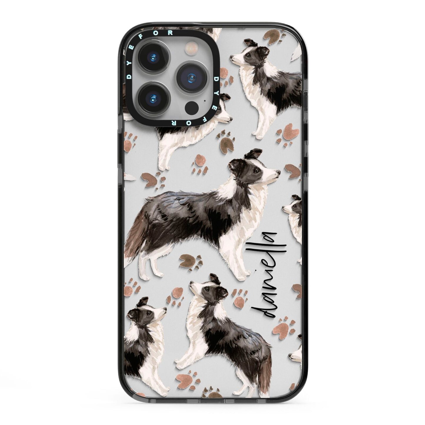 Personalised Border Collie Dog iPhone 13 Pro Max Black Impact Case on Silver phone
