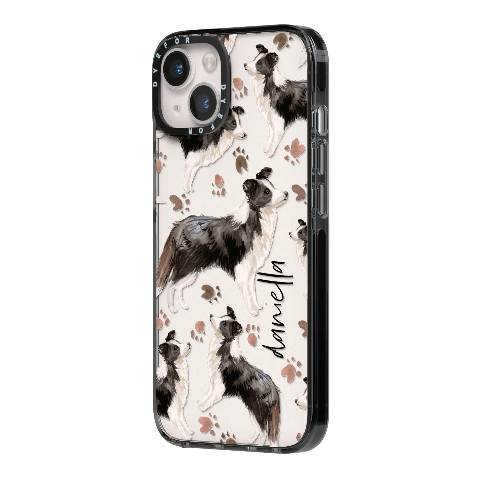 Personalised Border Collie Dog iPhone 14 Black Impact Case Side Angle on Silver phone