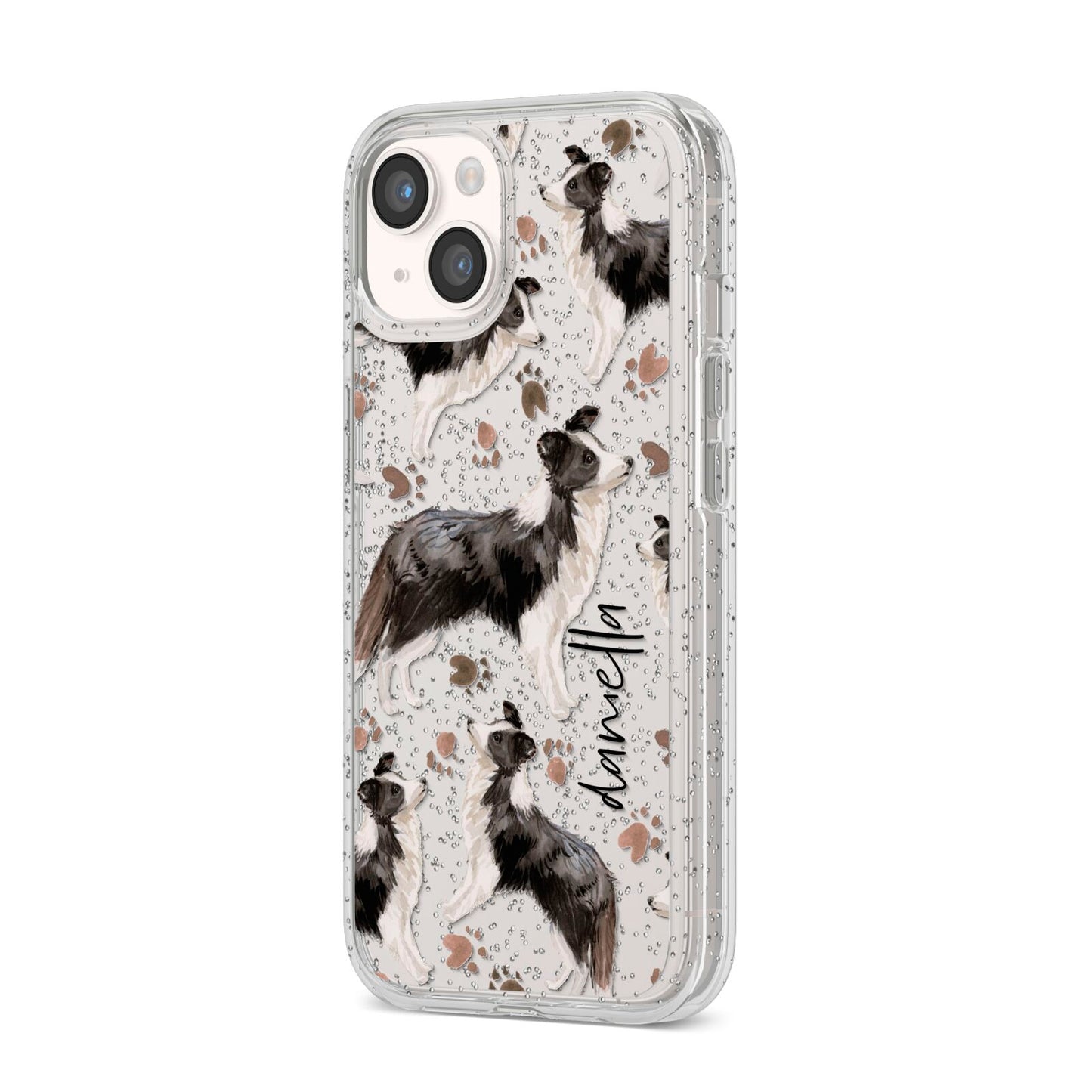 Personalised Border Collie Dog iPhone 14 Glitter Tough Case Starlight Angled Image