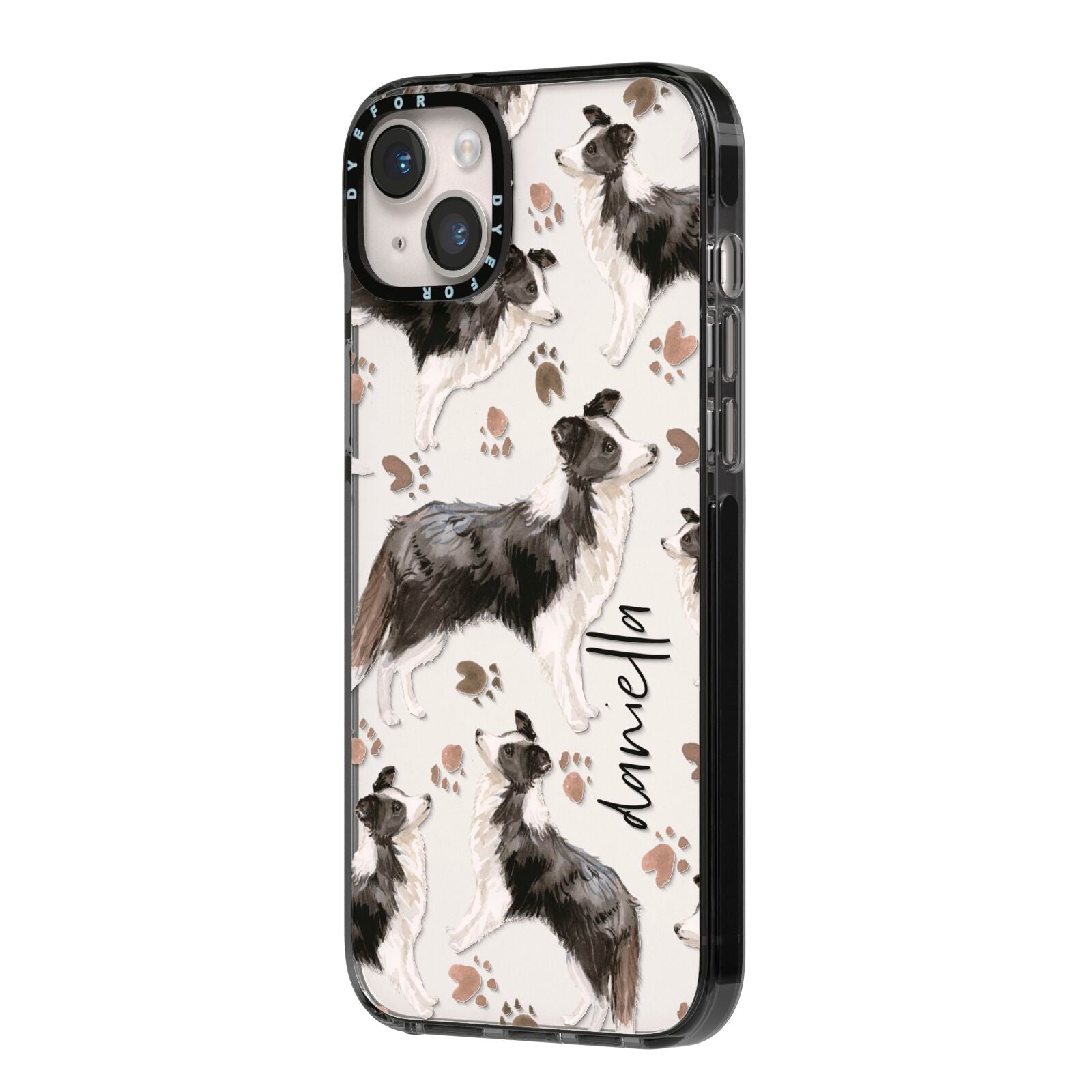Personalised Border Collie Dog iPhone 14 Plus Black Impact Case Side Angle on Silver phone