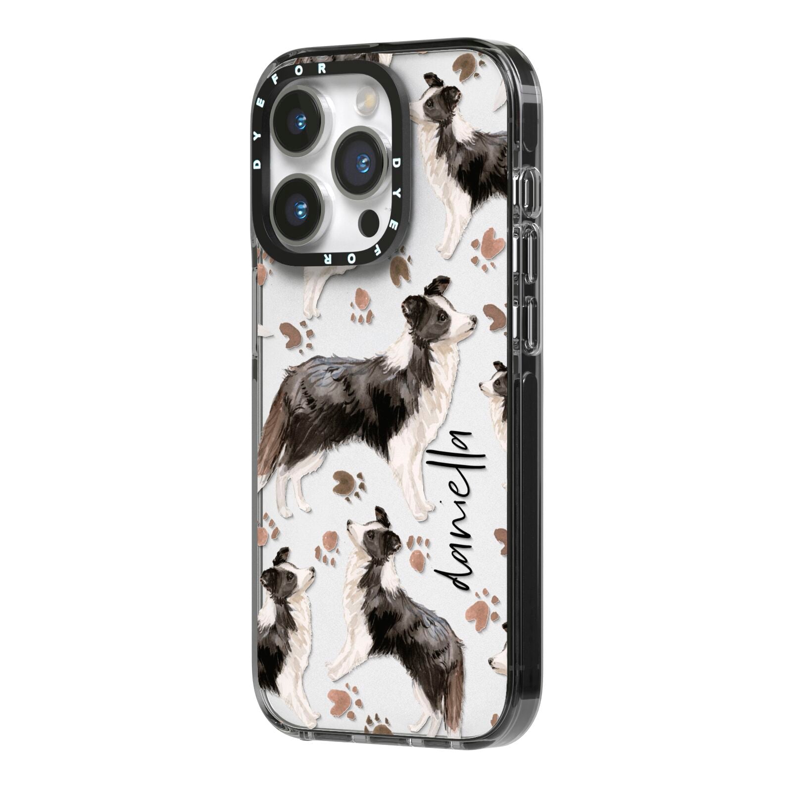 Personalised Border Collie Dog iPhone 14 Pro Black Impact Case Side Angle on Silver phone