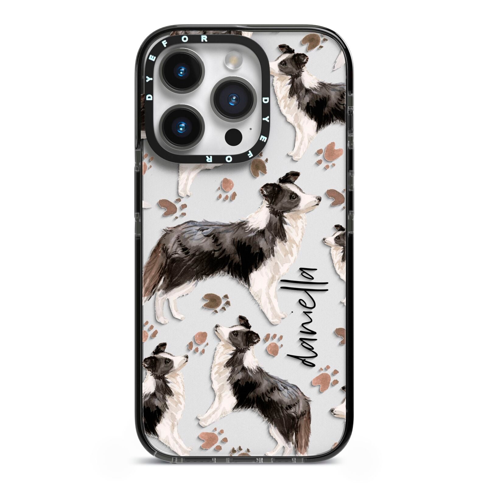 Personalised Border Collie Dog iPhone 14 Pro Black Impact Case on Silver phone