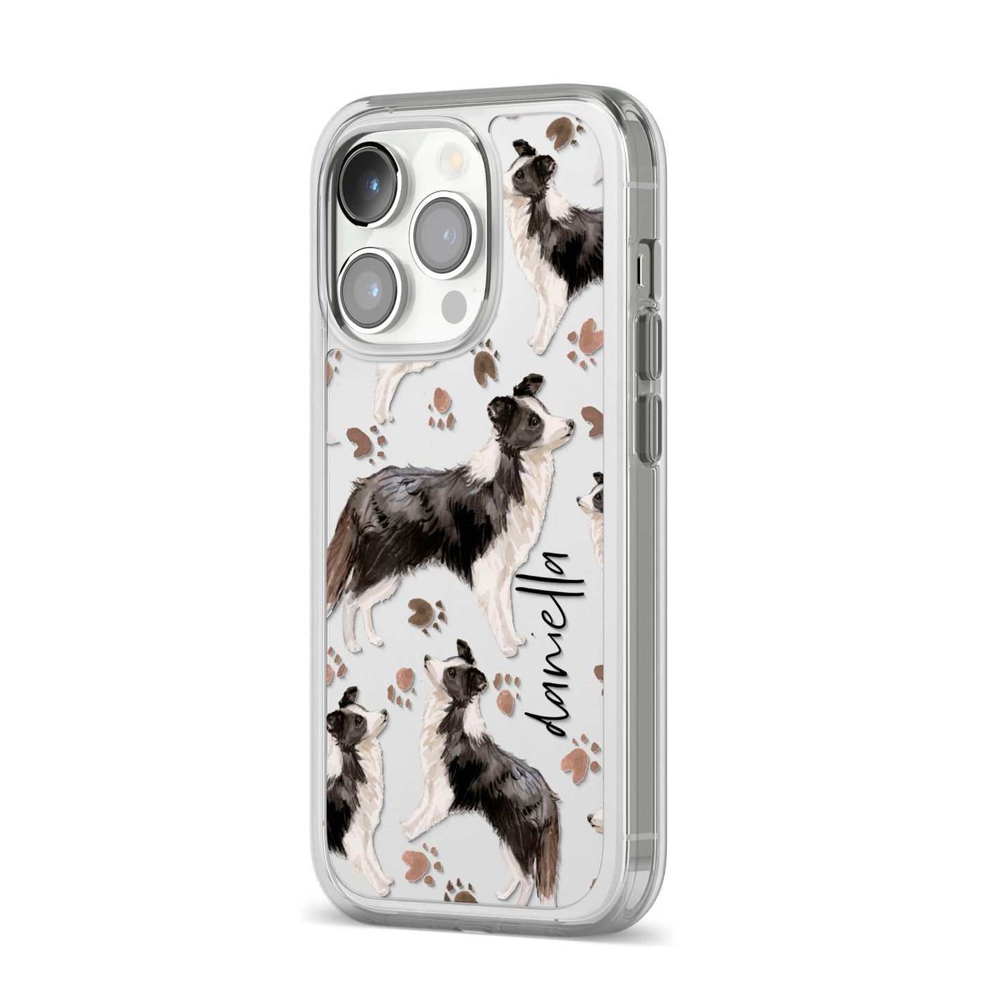 Personalised Border Collie Dog iPhone 14 Pro Clear Tough Case Silver Angled Image