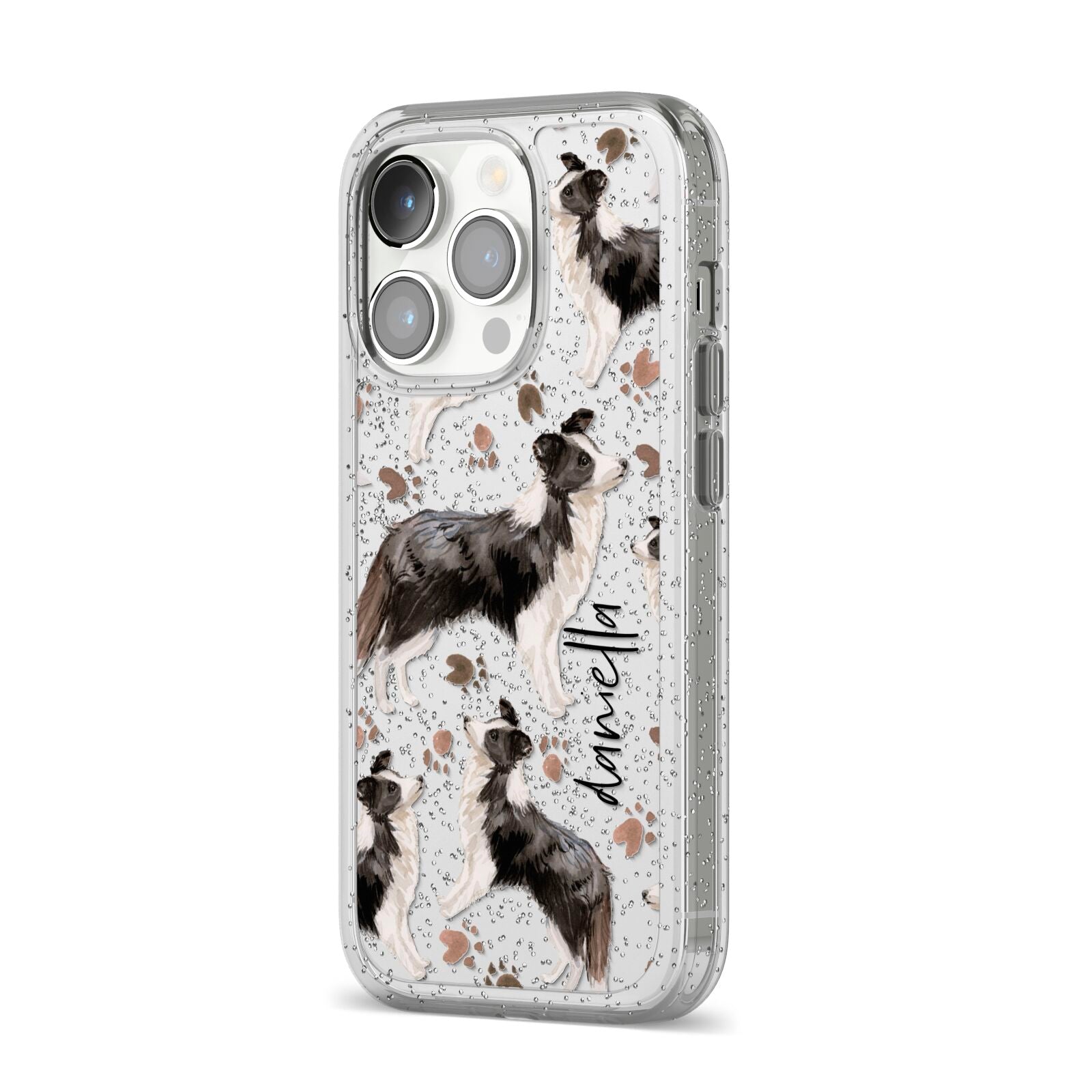 Personalised Border Collie Dog iPhone 14 Pro Glitter Tough Case Silver Angled Image