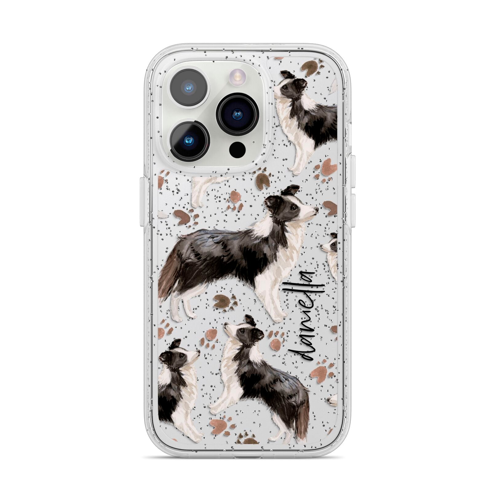 Personalised Border Collie Dog iPhone 14 Pro Glitter Tough Case Silver