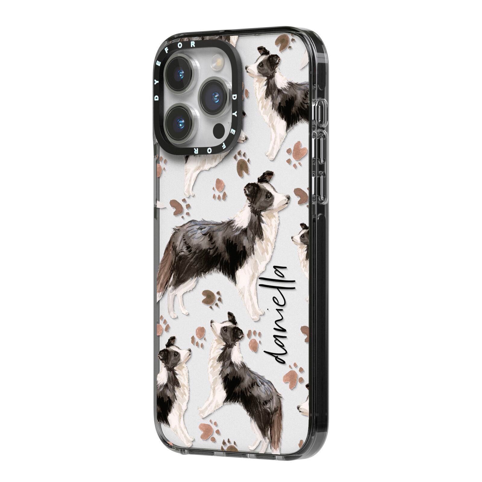 Personalised Border Collie Dog iPhone 14 Pro Max Black Impact Case Side Angle on Silver phone