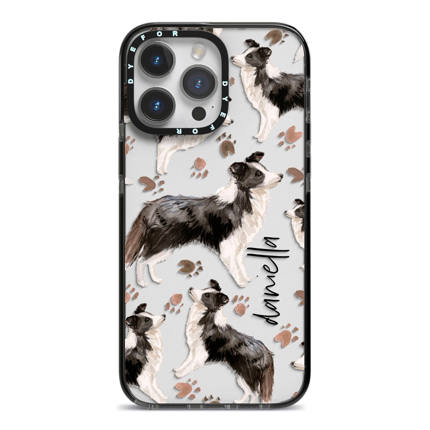 Personalised Border Collie Dog iPhone 14 Pro Max Black Impact Case on Silver phone