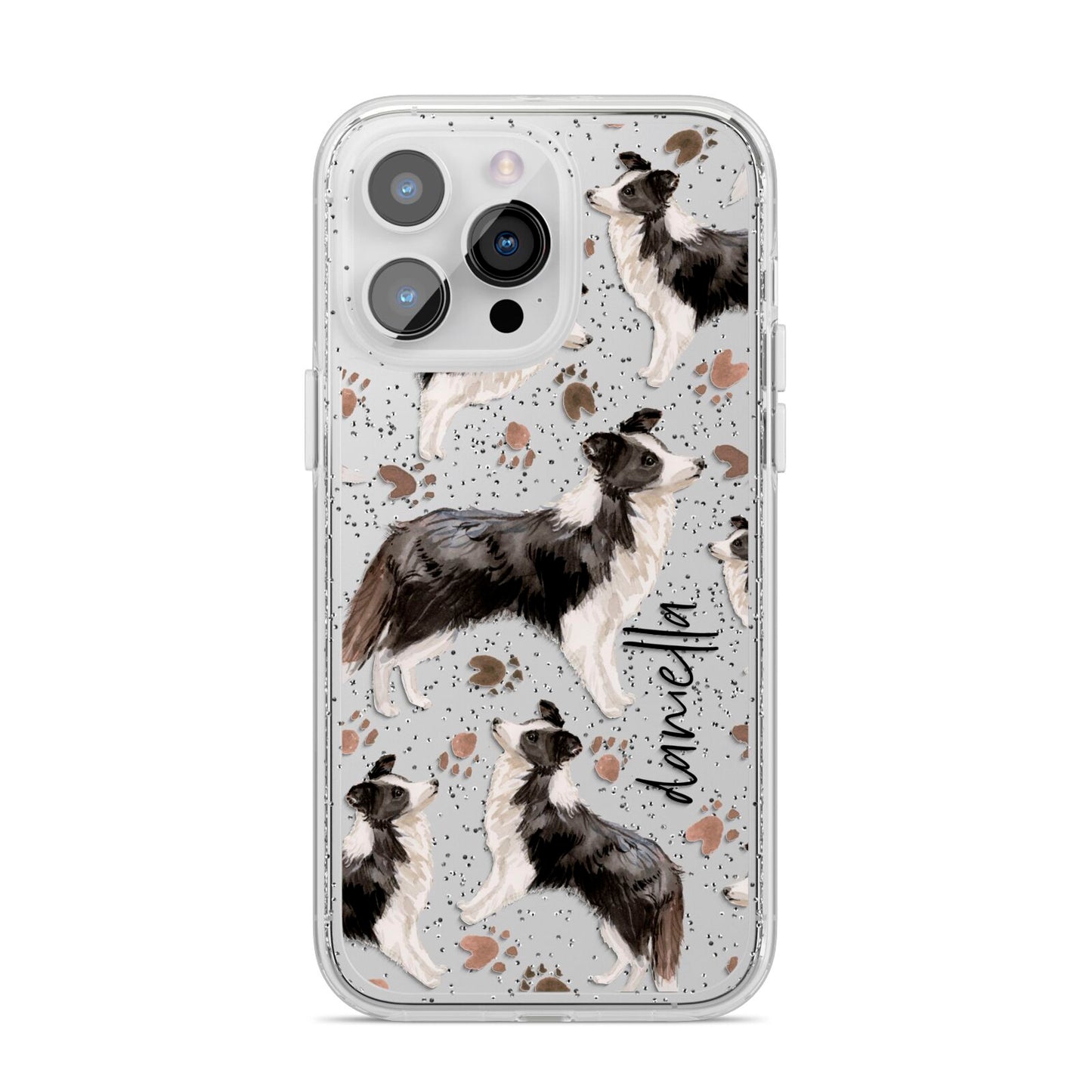 Personalised Border Collie Dog iPhone 14 Pro Max Glitter Tough Case Silver