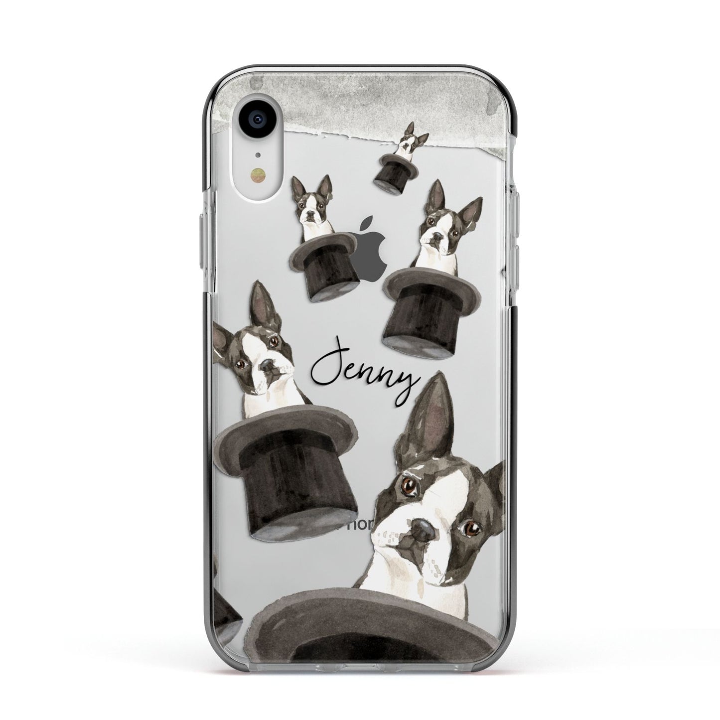 Personalised Boston Terrier Apple iPhone XR Impact Case Black Edge on Silver Phone