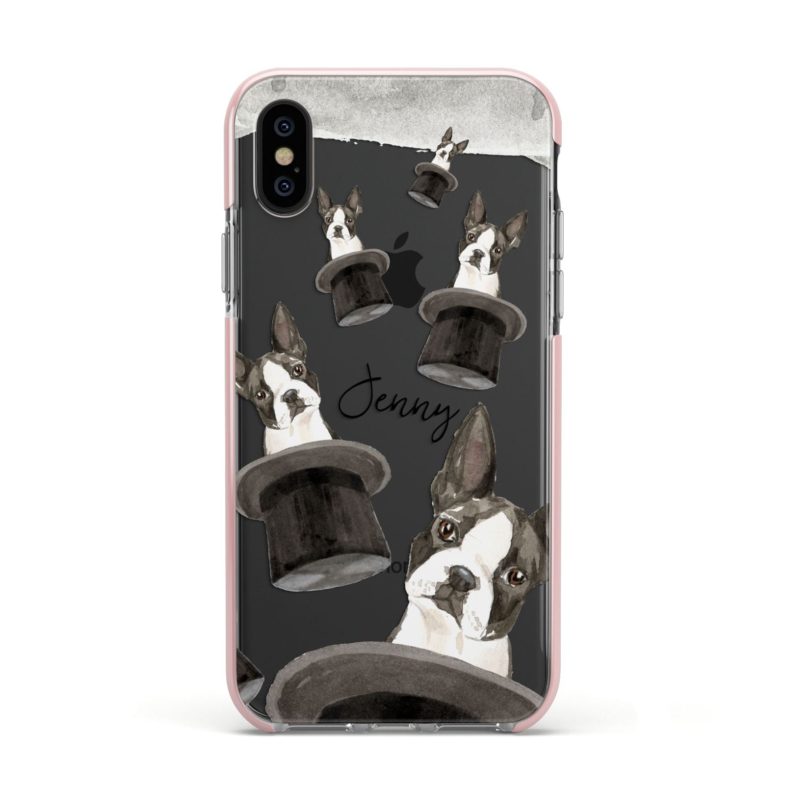 Personalised Boston Terrier Apple iPhone Xs Impact Case Pink Edge on Black Phone