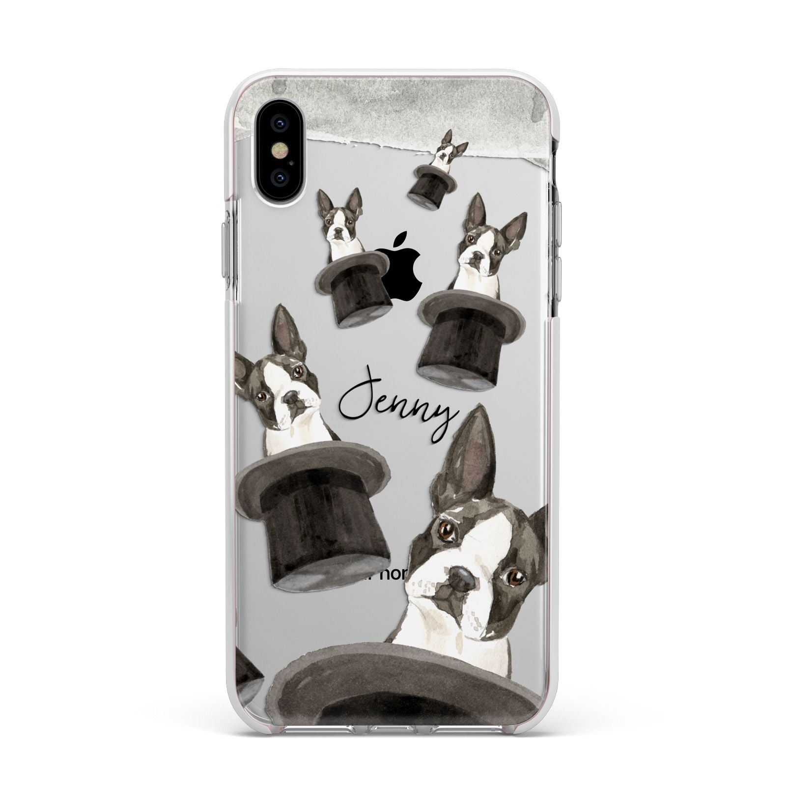 Personalised Boston Terrier Apple iPhone Xs Max Impact Case White Edge on Silver Phone