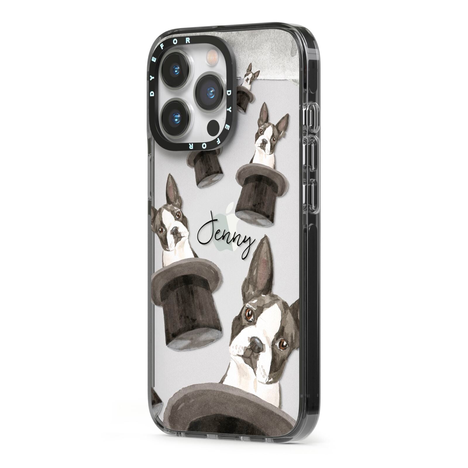 Personalised Boston Terrier iPhone 13 Pro Black Impact Case Side Angle on Silver phone