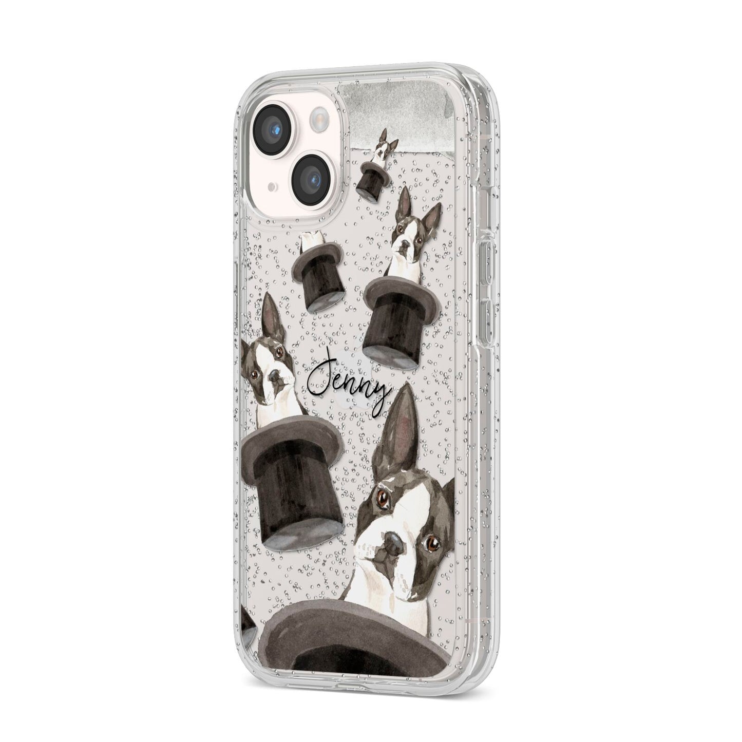 Personalised Boston Terrier iPhone 14 Glitter Tough Case Starlight Angled Image