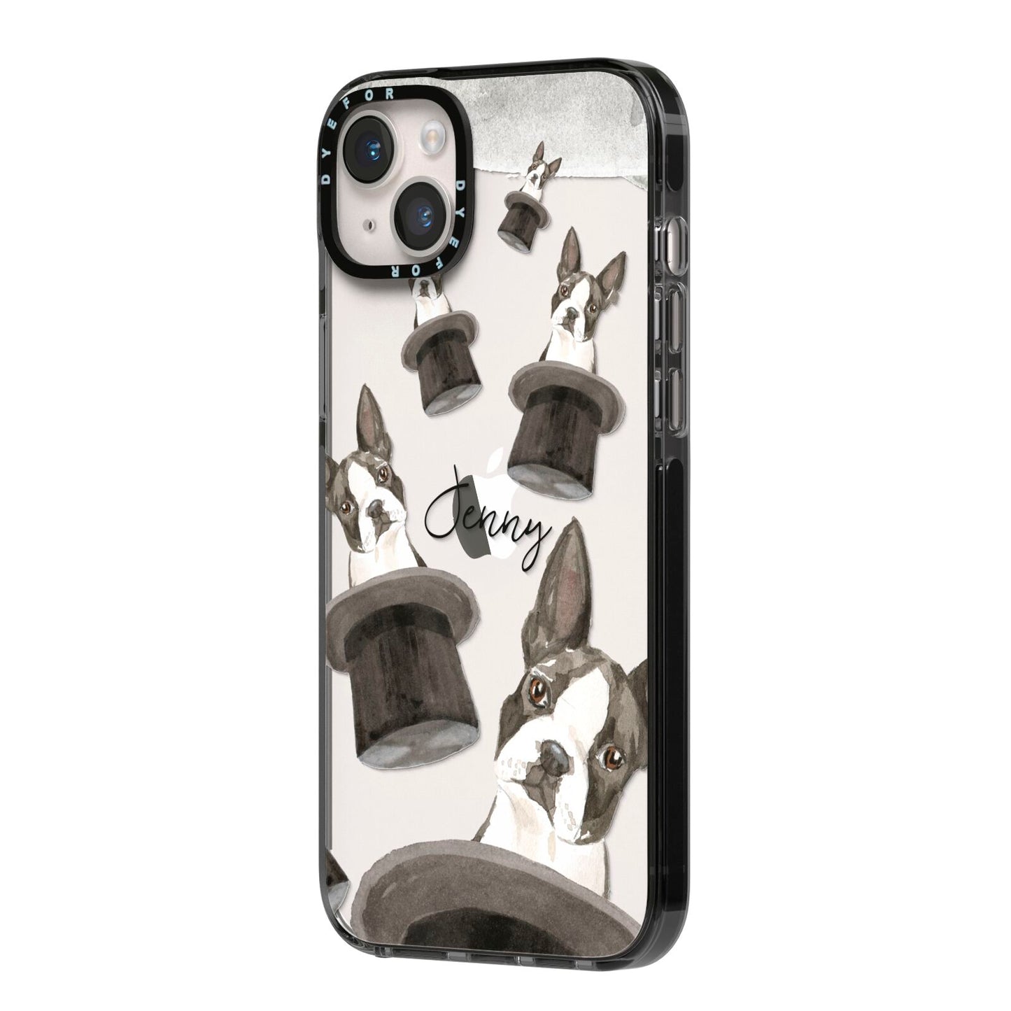 Personalised Boston Terrier iPhone 14 Plus Black Impact Case Side Angle on Silver phone