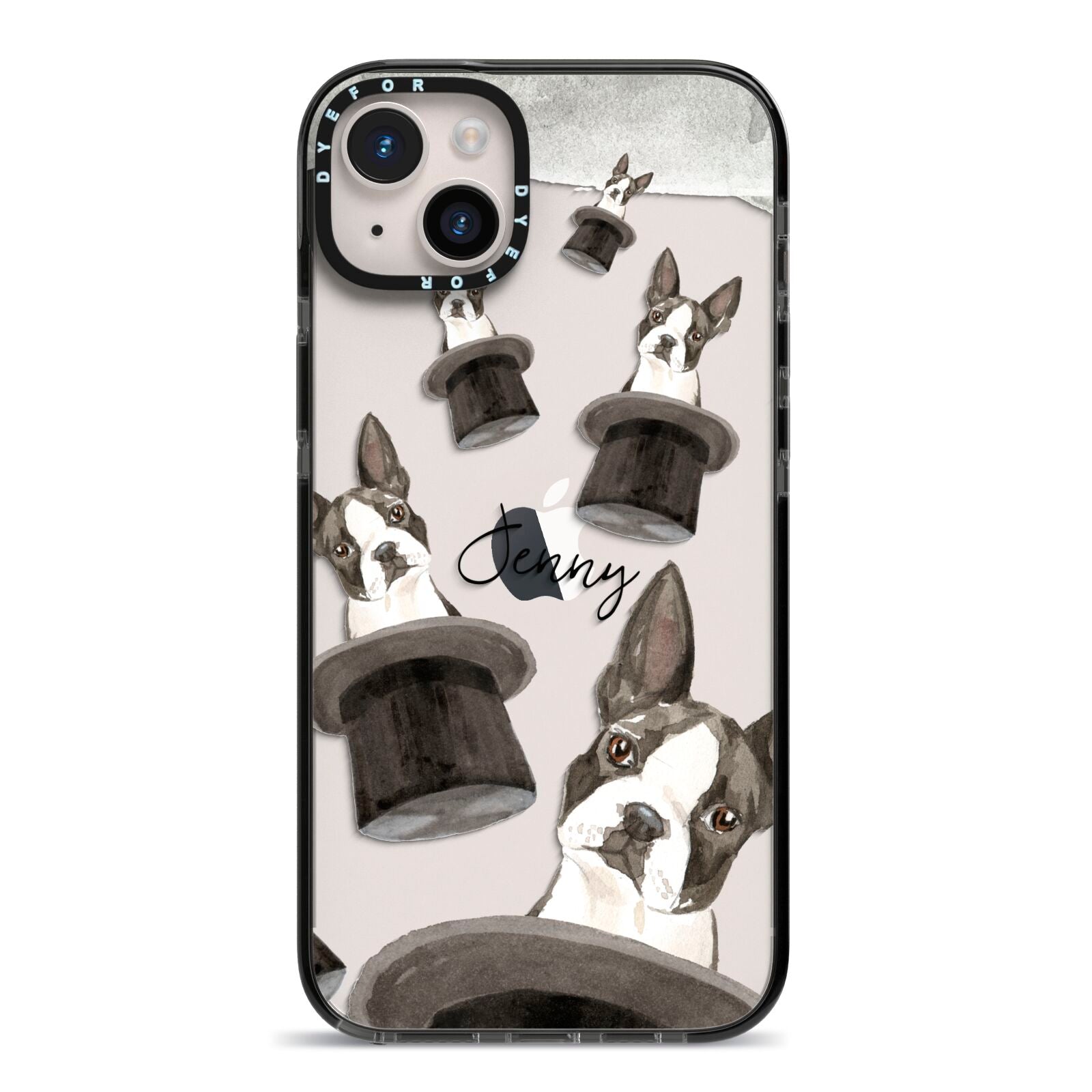 Personalised Boston Terrier iPhone 14 Plus Black Impact Case on Silver phone