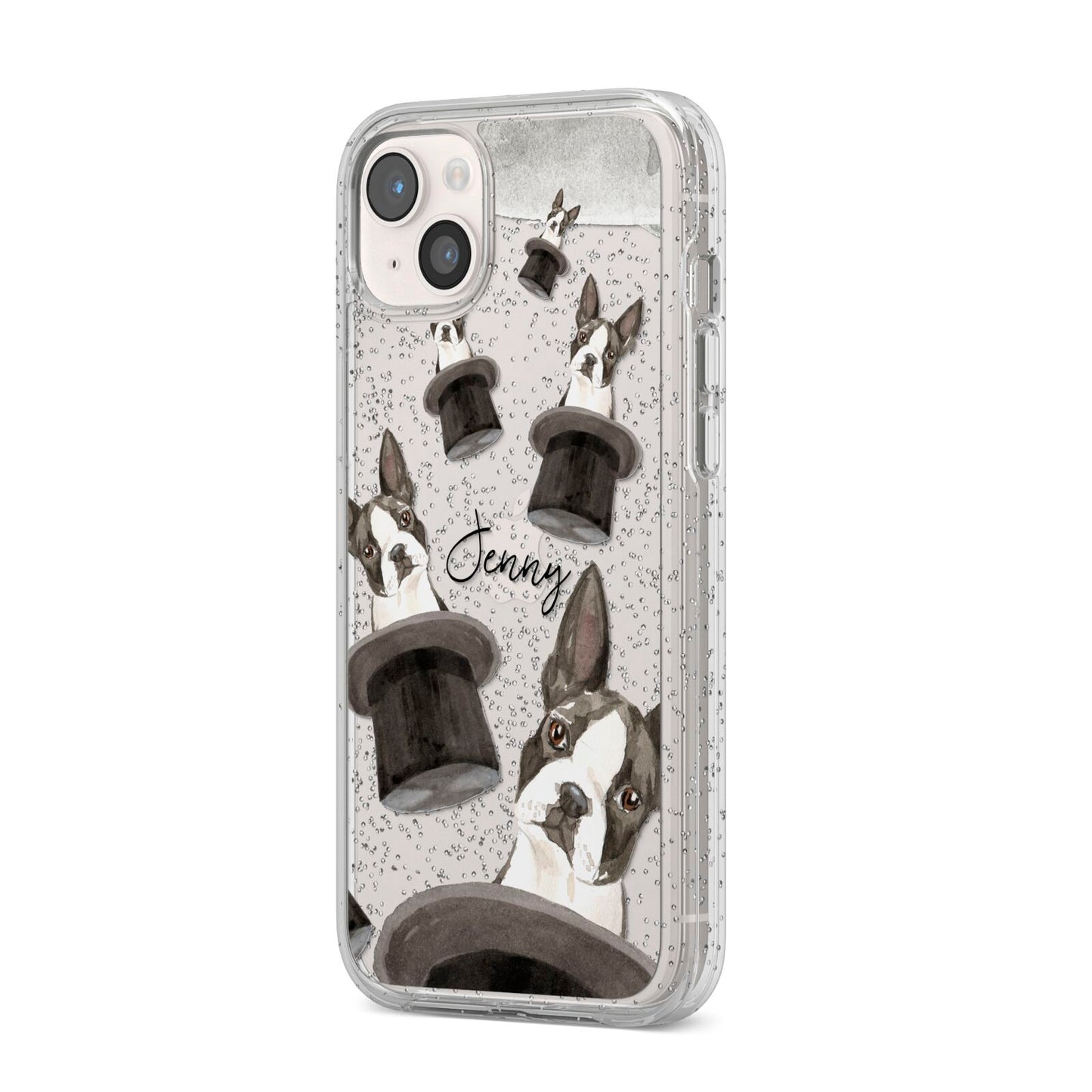 Personalised Boston Terrier iPhone 14 Plus Glitter Tough Case Starlight Angled Image
