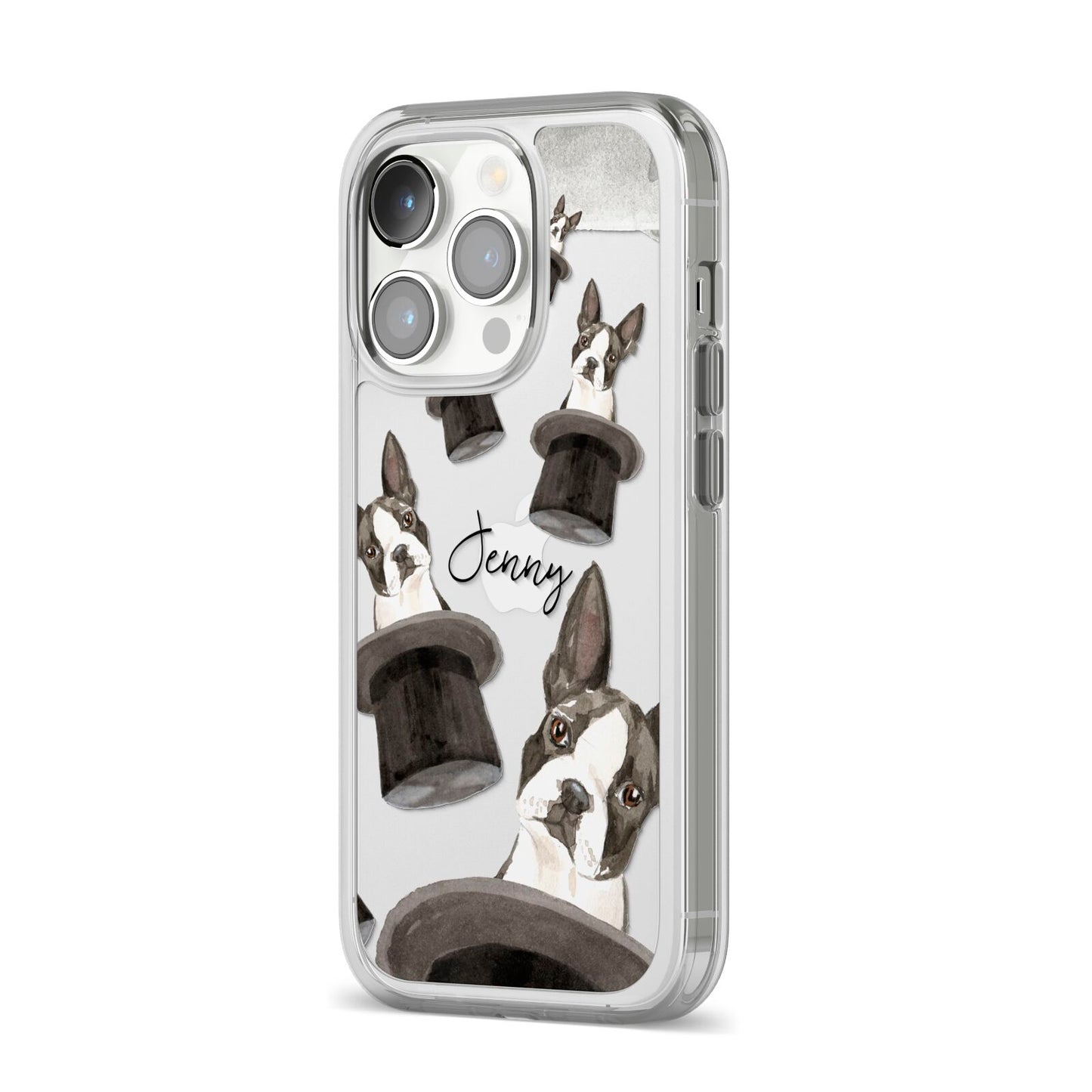 Personalised Boston Terrier iPhone 14 Pro Clear Tough Case Silver Angled Image