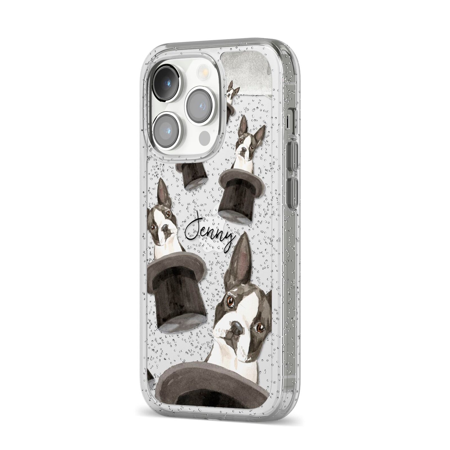 Personalised Boston Terrier iPhone 14 Pro Glitter Tough Case Silver Angled Image