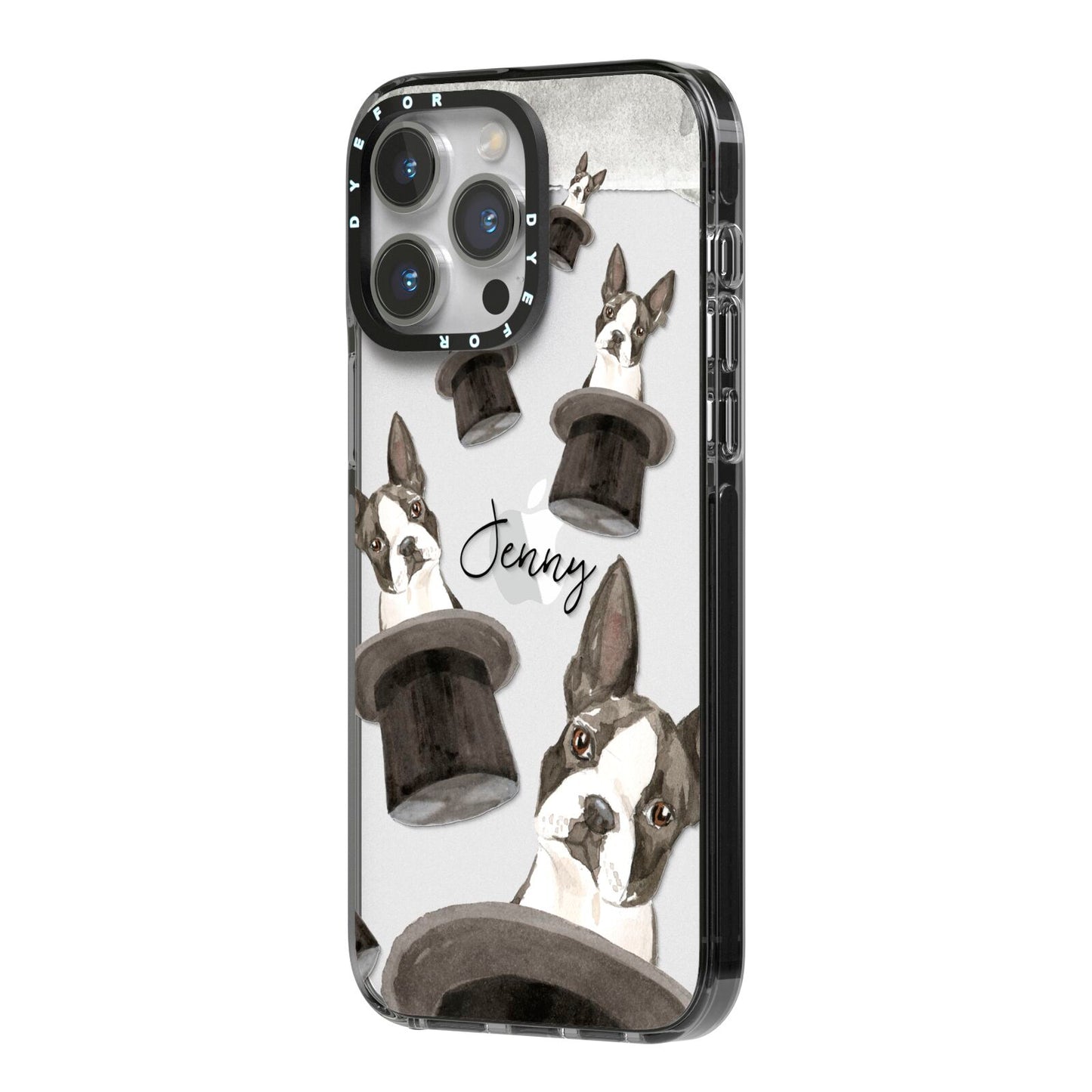 Personalised Boston Terrier iPhone 14 Pro Max Black Impact Case Side Angle on Silver phone