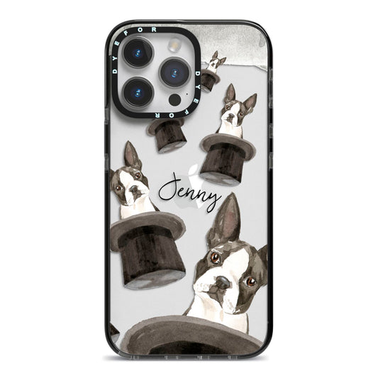 Personalised Boston Terrier iPhone 14 Pro Max Black Impact Case on Silver phone