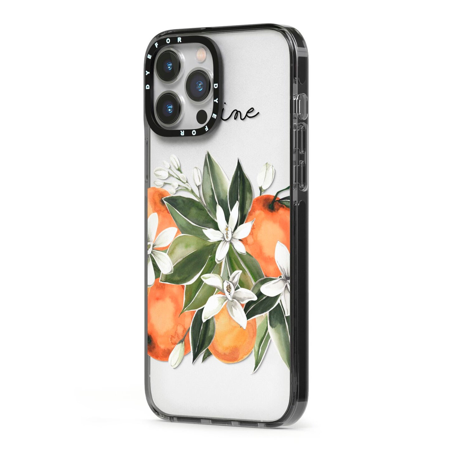 Personalised Bouquet of Oranges iPhone 13 Pro Max Black Impact Case Side Angle on Silver phone