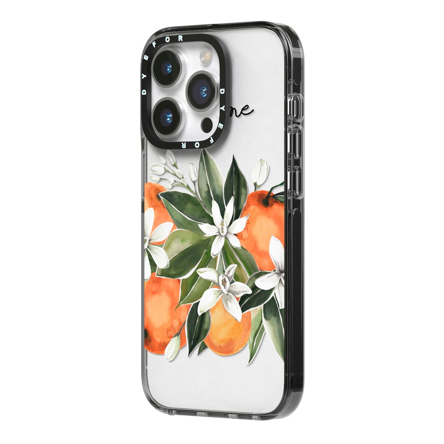 Personalised Bouquet of Oranges iPhone 14 Pro Black Impact Case Side Angle on Silver phone