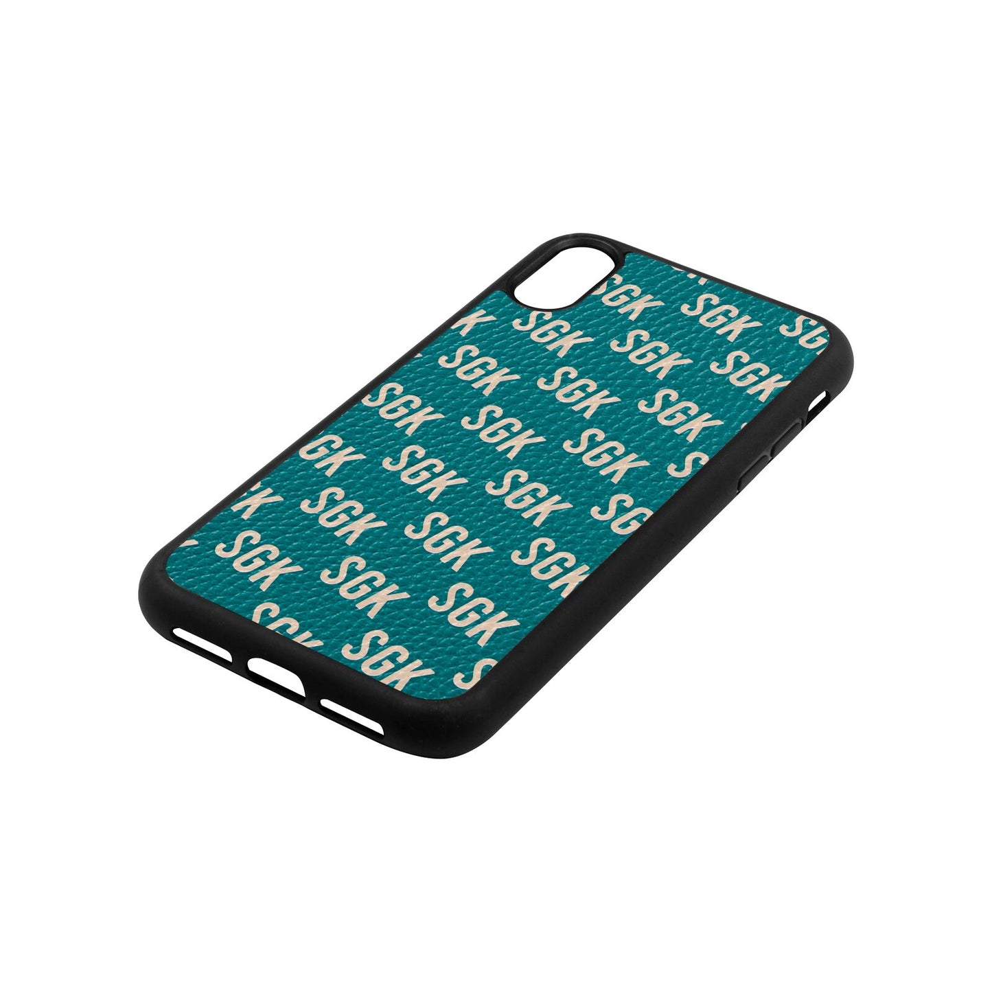 Personalised Brick Pattern Text Green Pebble Leather iPhone Xr Case Side Angle
