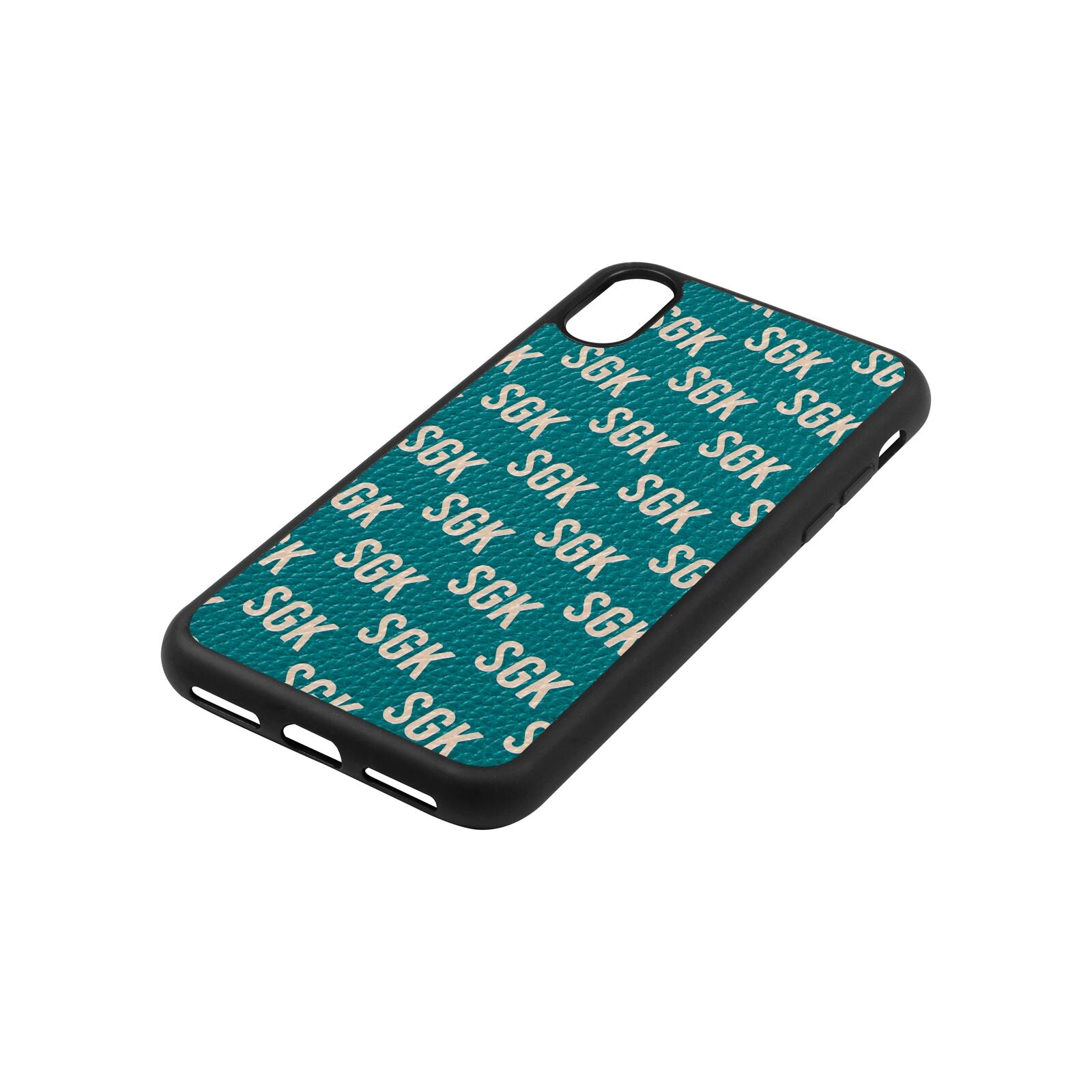 Personalised Brick Pattern Text Green Pebble Leather iPhone Xs Case Side Angle