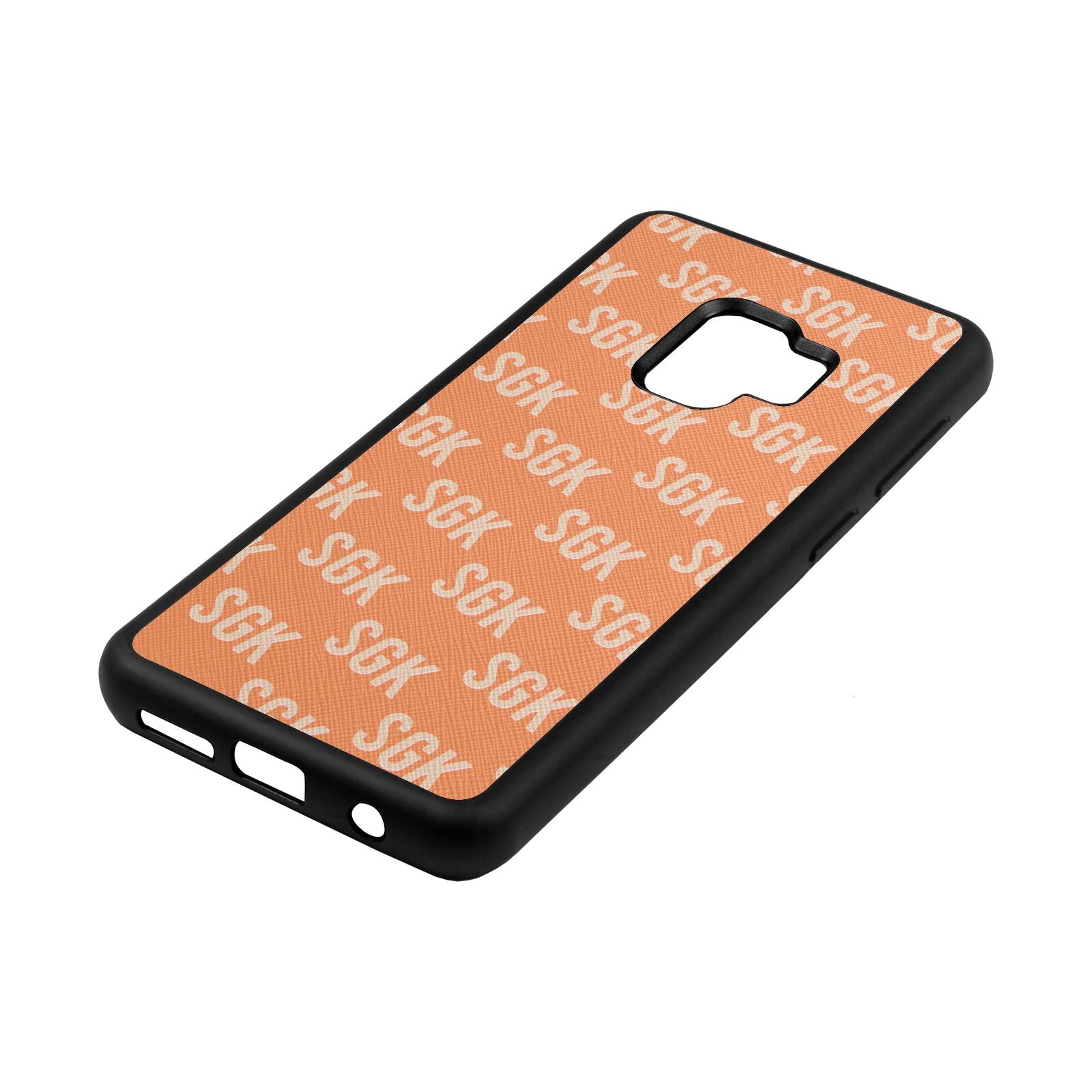 Personalised Brick Pattern Text Orange Saffiano Leather Samsung S9 Case Side Angle
