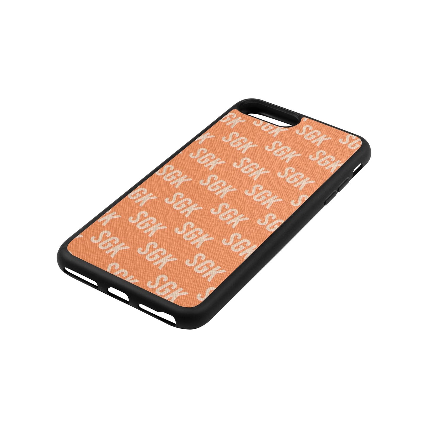Personalised Brick Pattern Text Orange Saffiano Leather iPhone 8 Plus Case Side Angle