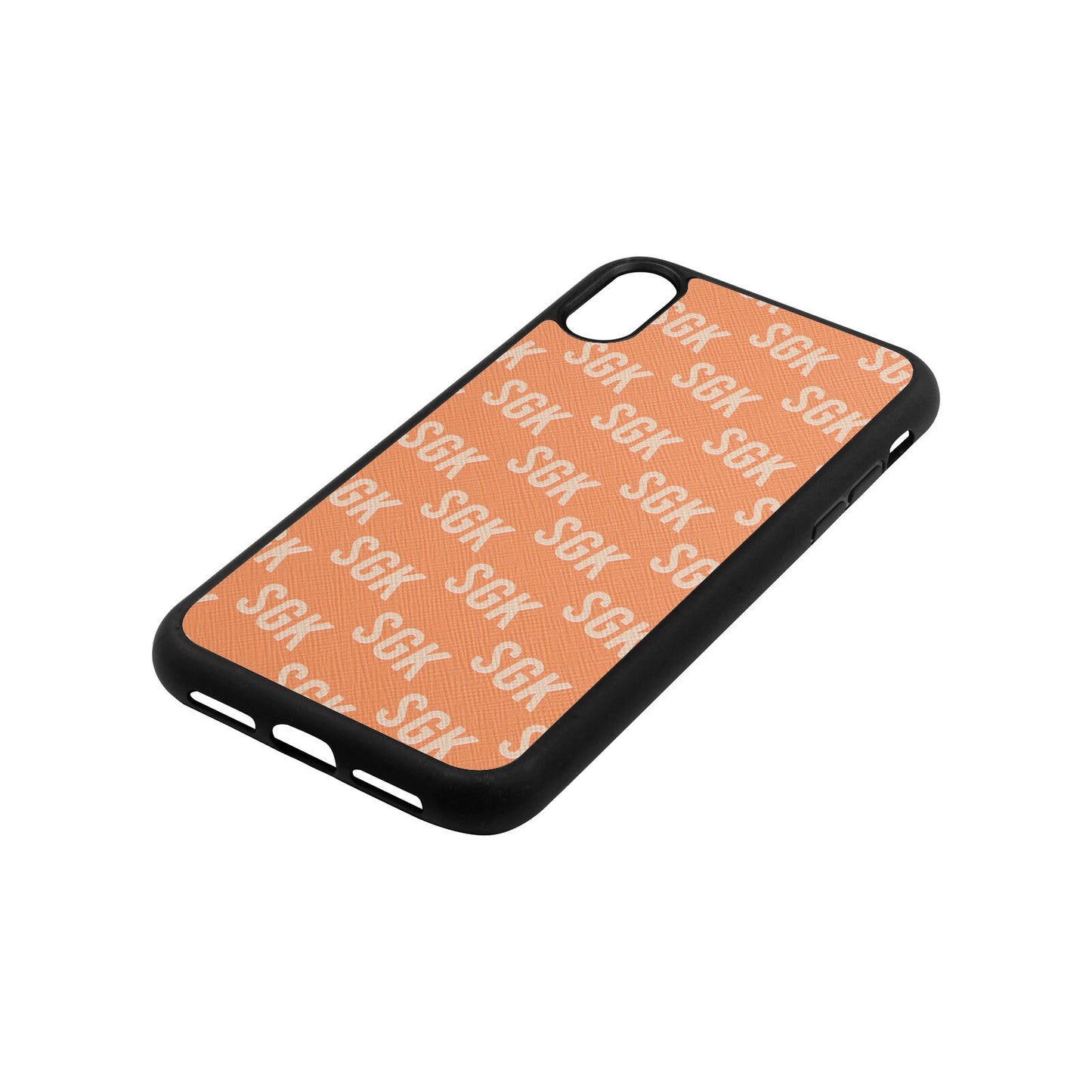 Personalised Brick Pattern Text Orange Saffiano Leather iPhone Xr Case Side Angle