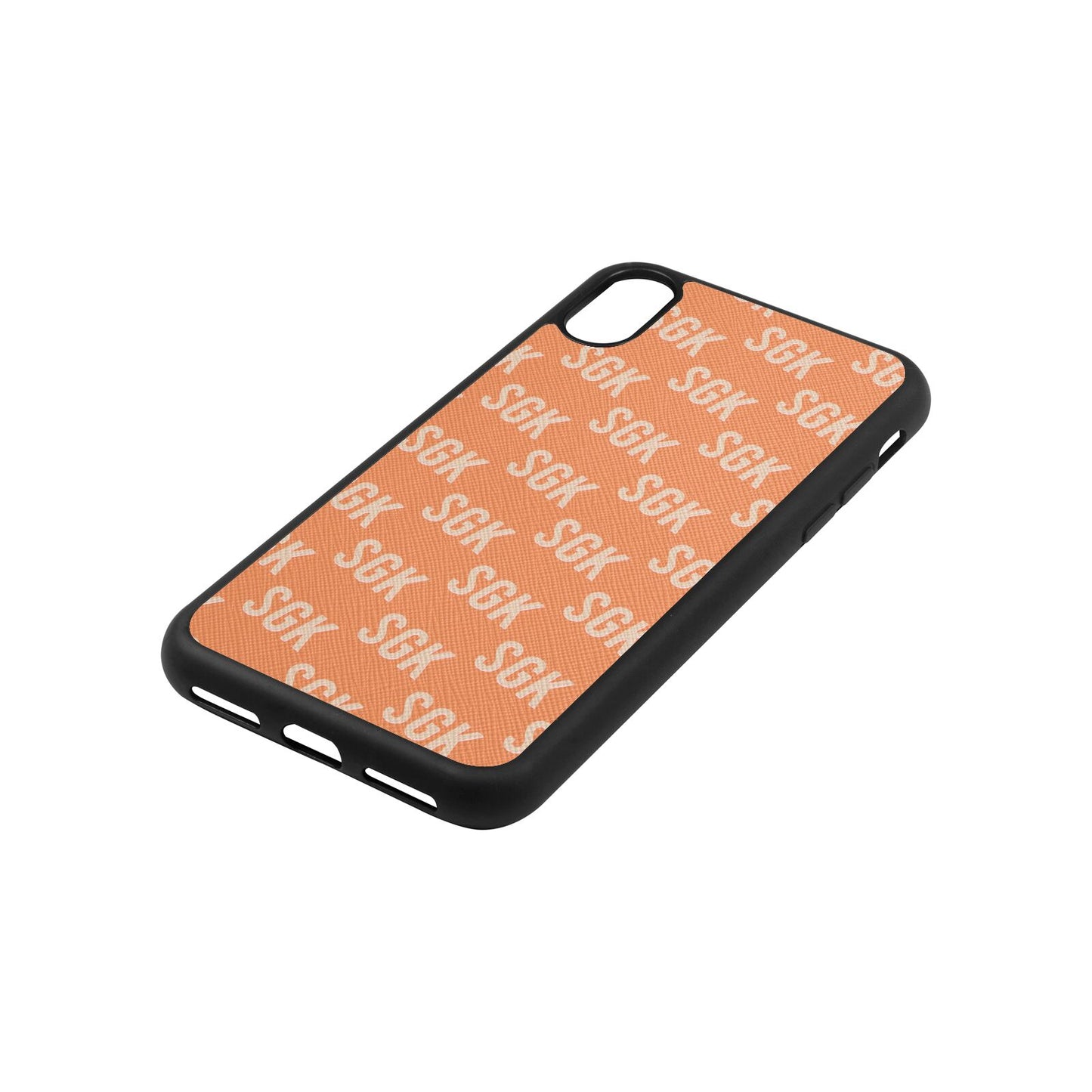 Personalised Brick Pattern Text Orange Saffiano Leather iPhone Xs Case Side Image