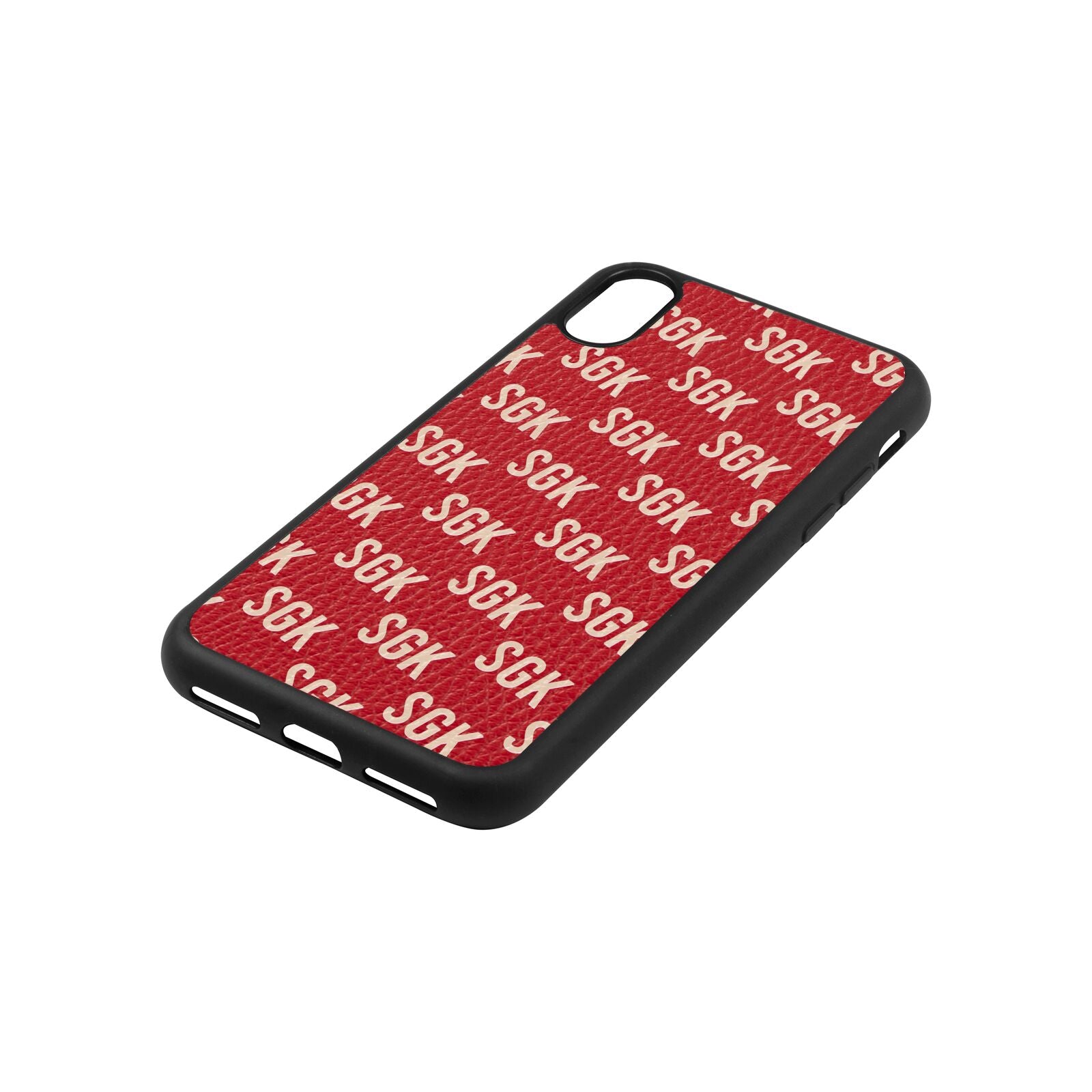 Personalised Brick Pattern Text Red Pebble Leather iPhone Xs Case Side Angle