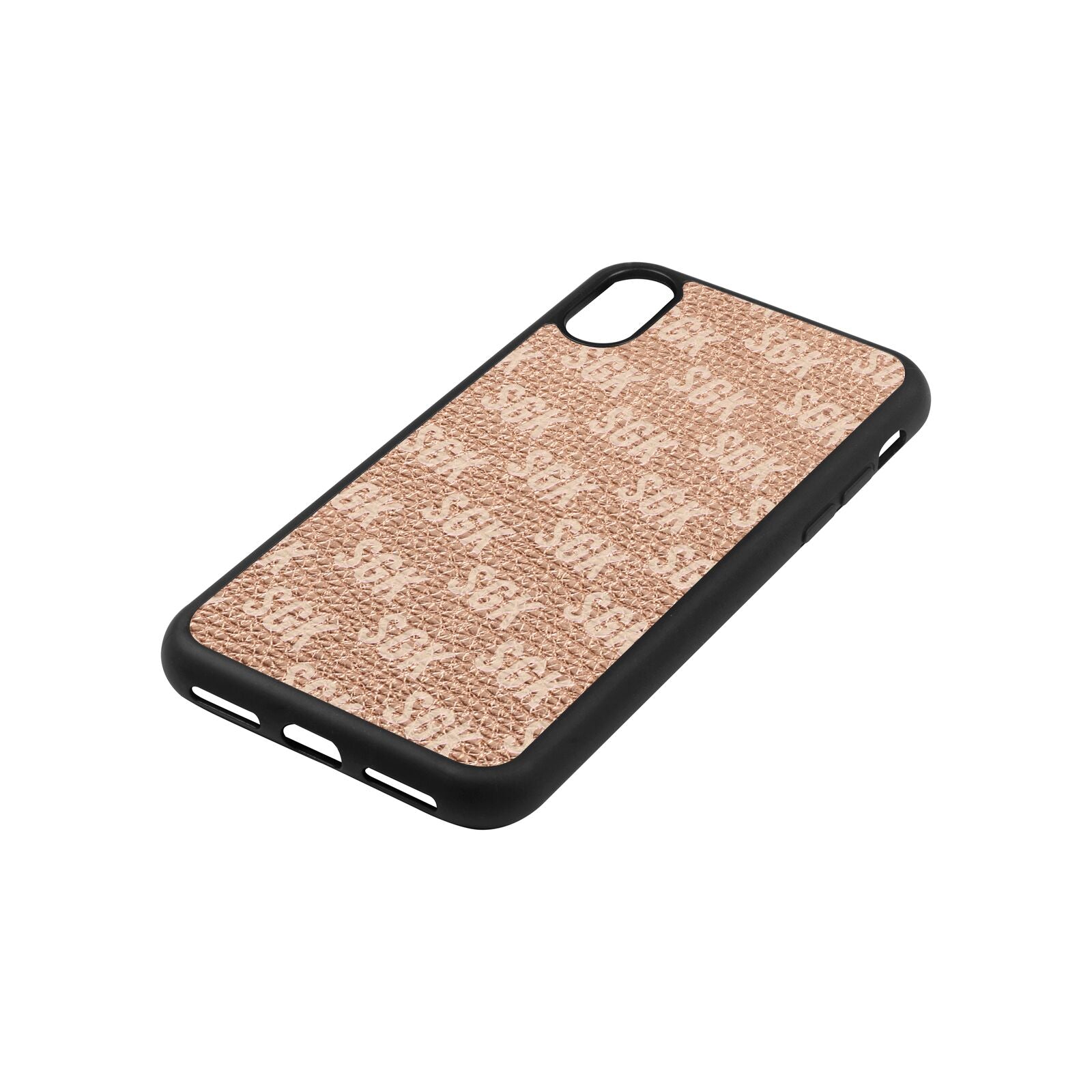 Personalised Brick Pattern Text Rose Gold Pebble Leather iPhone Xs Case Side Angle